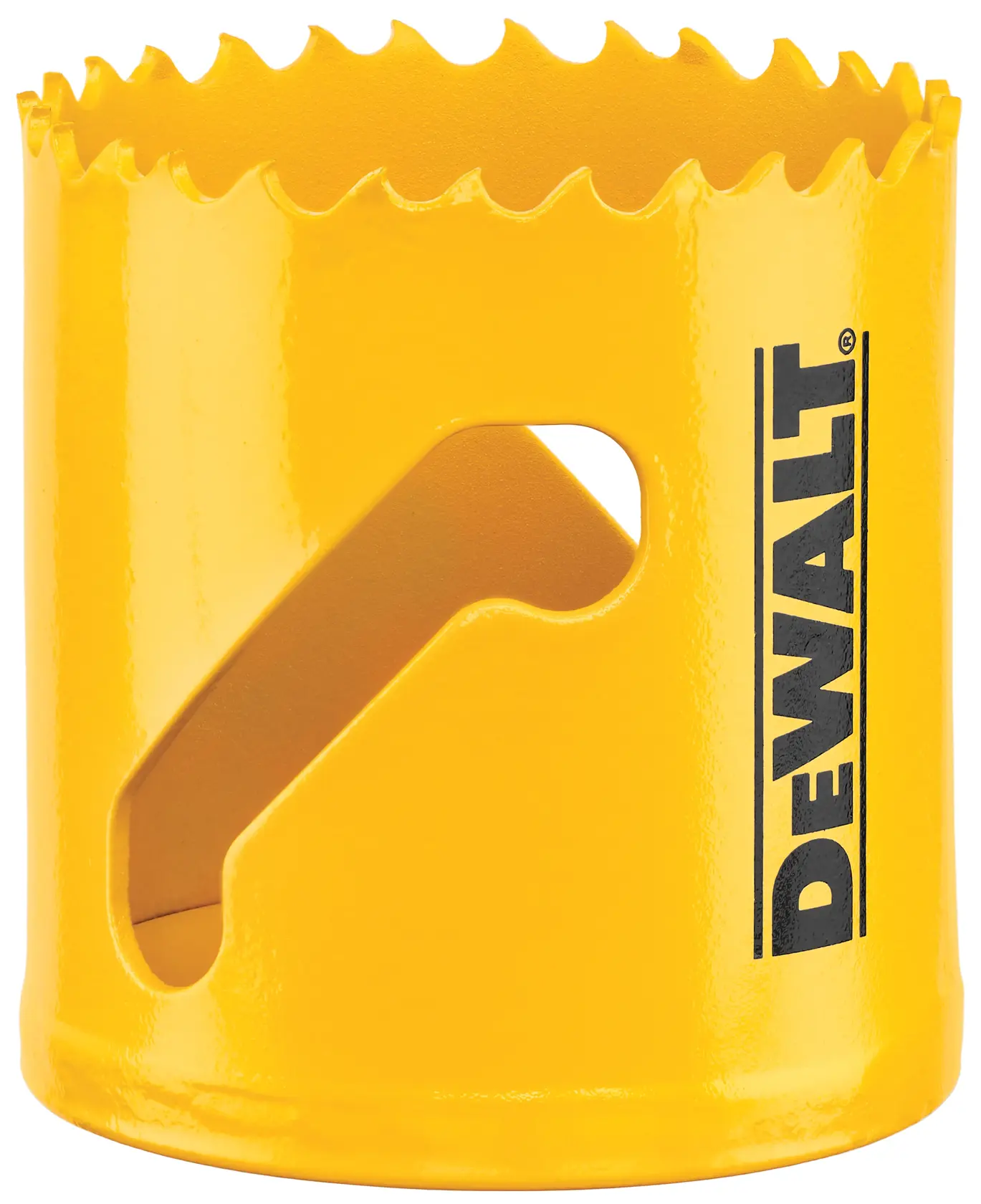 Imagem em close-up de um acessório de serra copo amarelo DEWALT, com dentes afiados na borda superior e o logotipo DEWALT impresso na lateral.