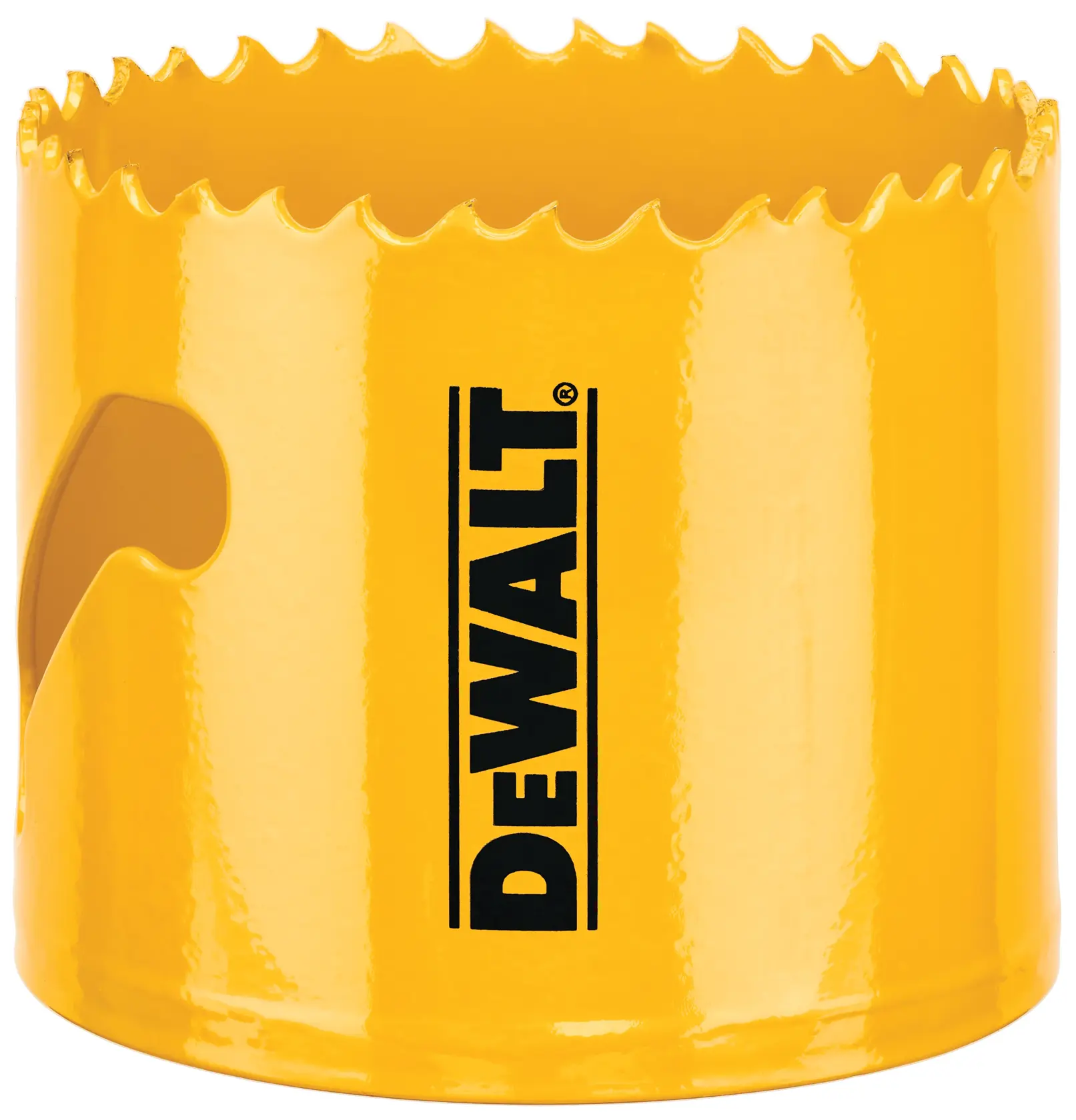 Imagem de close de uma serra copo amarela DEWALT com dentes afiados e o logotipo DEWALT impresso verticalmente na lateral.