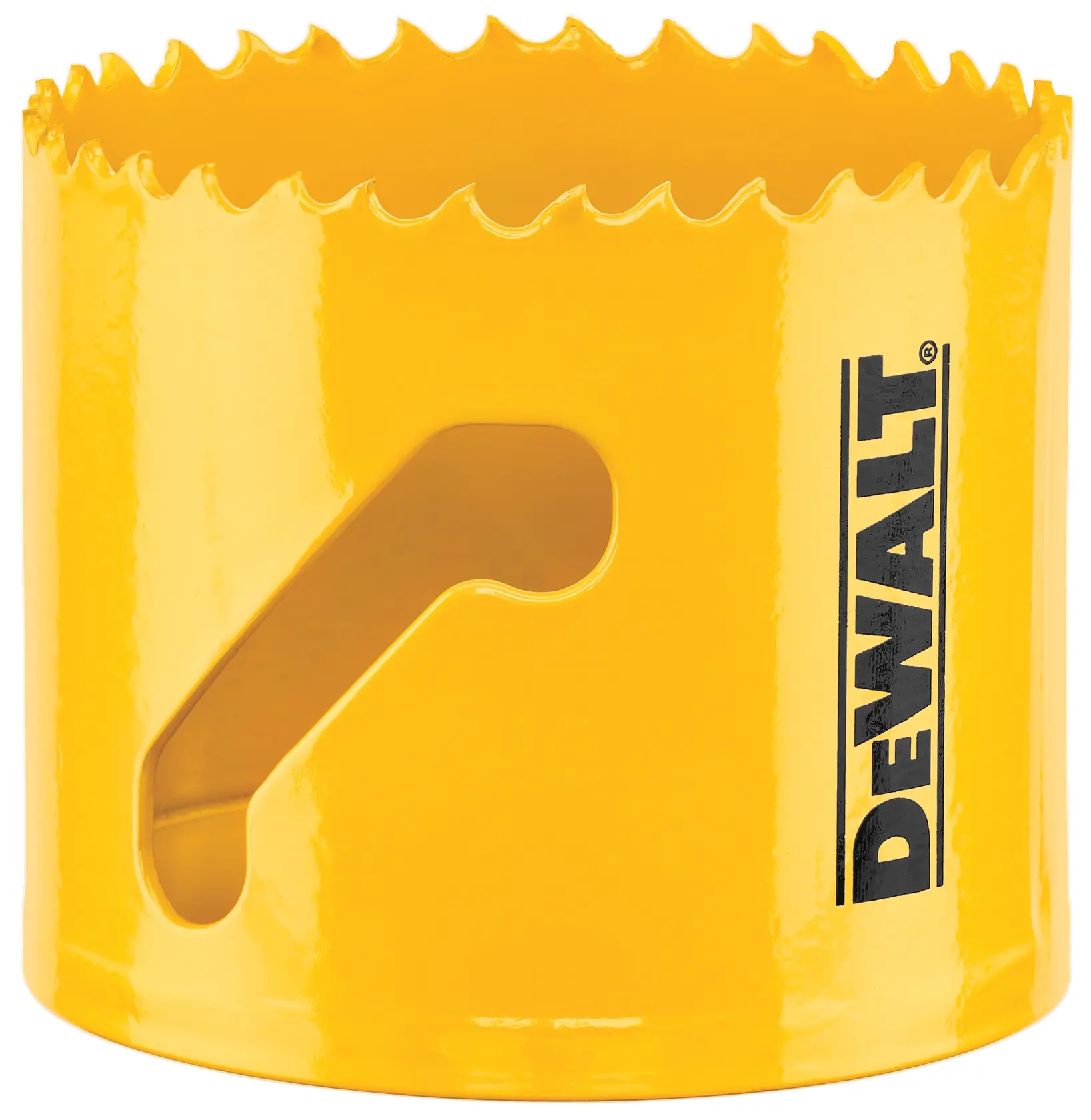 Uma serra copo amarela DEWALT com bordas serrilhadas e aberturas laterais, usada para cortar furos precisos em materiais como madeira ou metal.