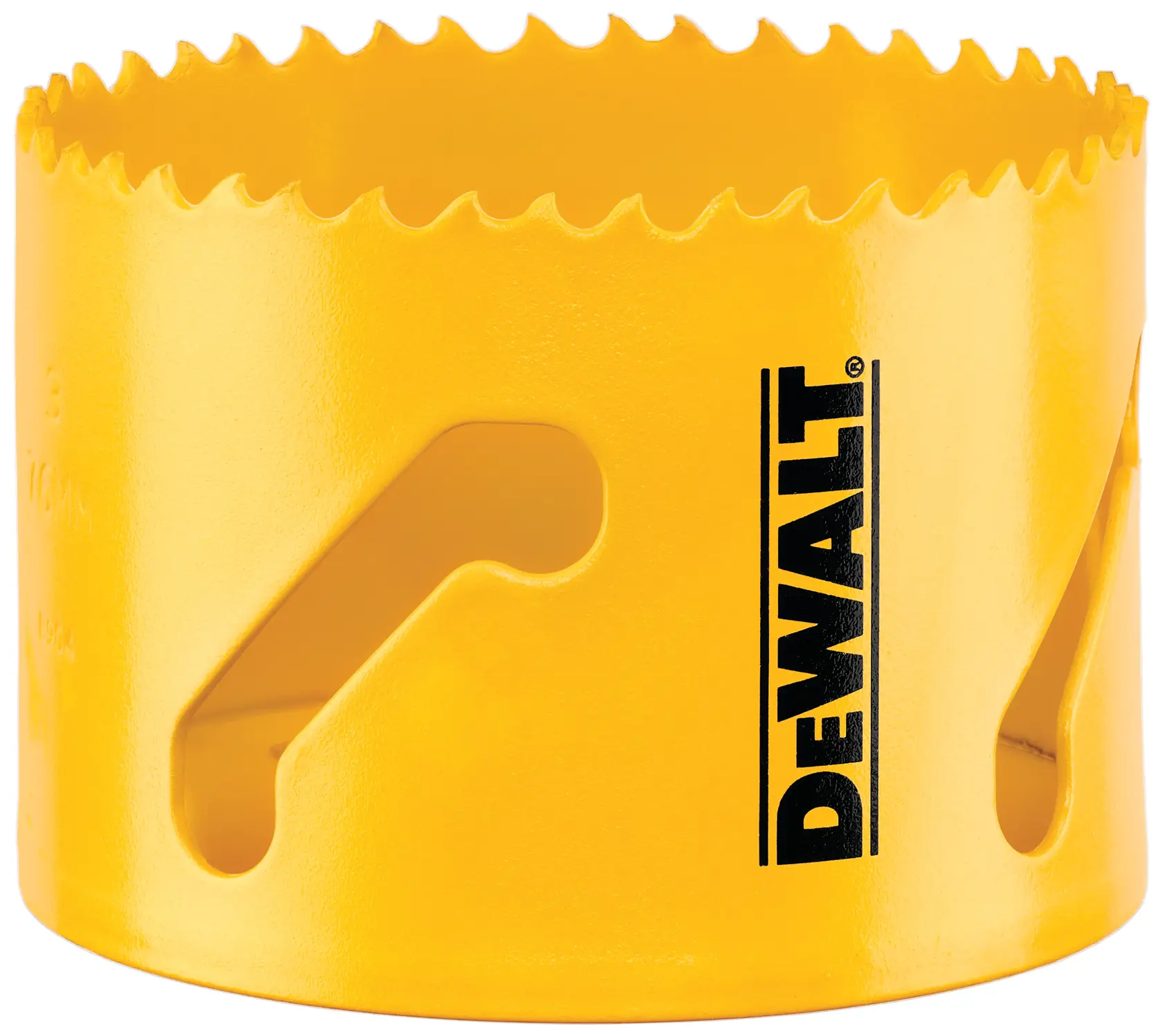 Imagem em close de uma serra copo amarela DEWALT com bordas serrilhadas para corte. O logotipo DEWALT está exibido em destaque na lateral.