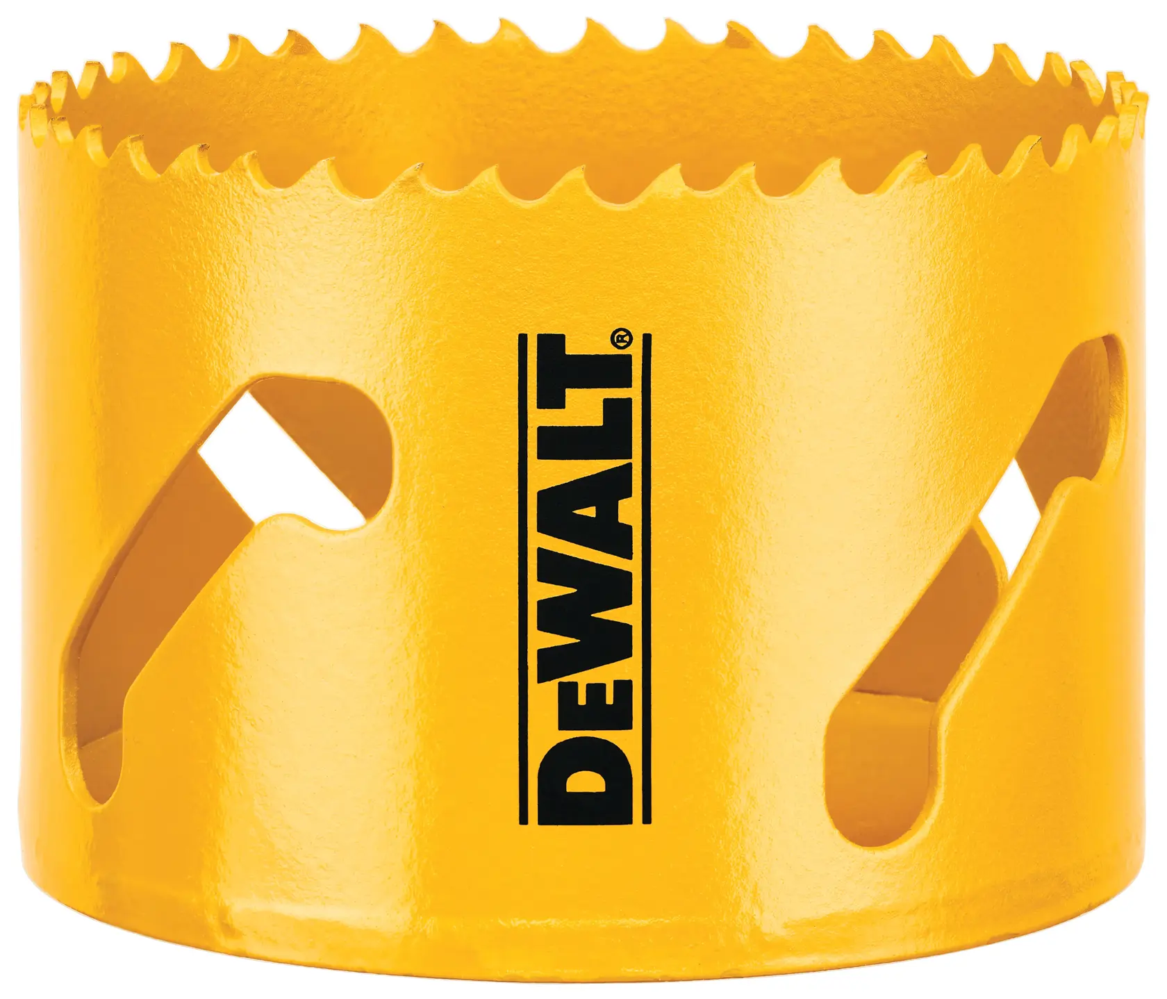 Uma serra copo amarela DEWALT com dentes afiados ao redor da borda superior, projetada para cortar buracos circulares, com o logotipo DEWALT impresso verticalmente na lateral.