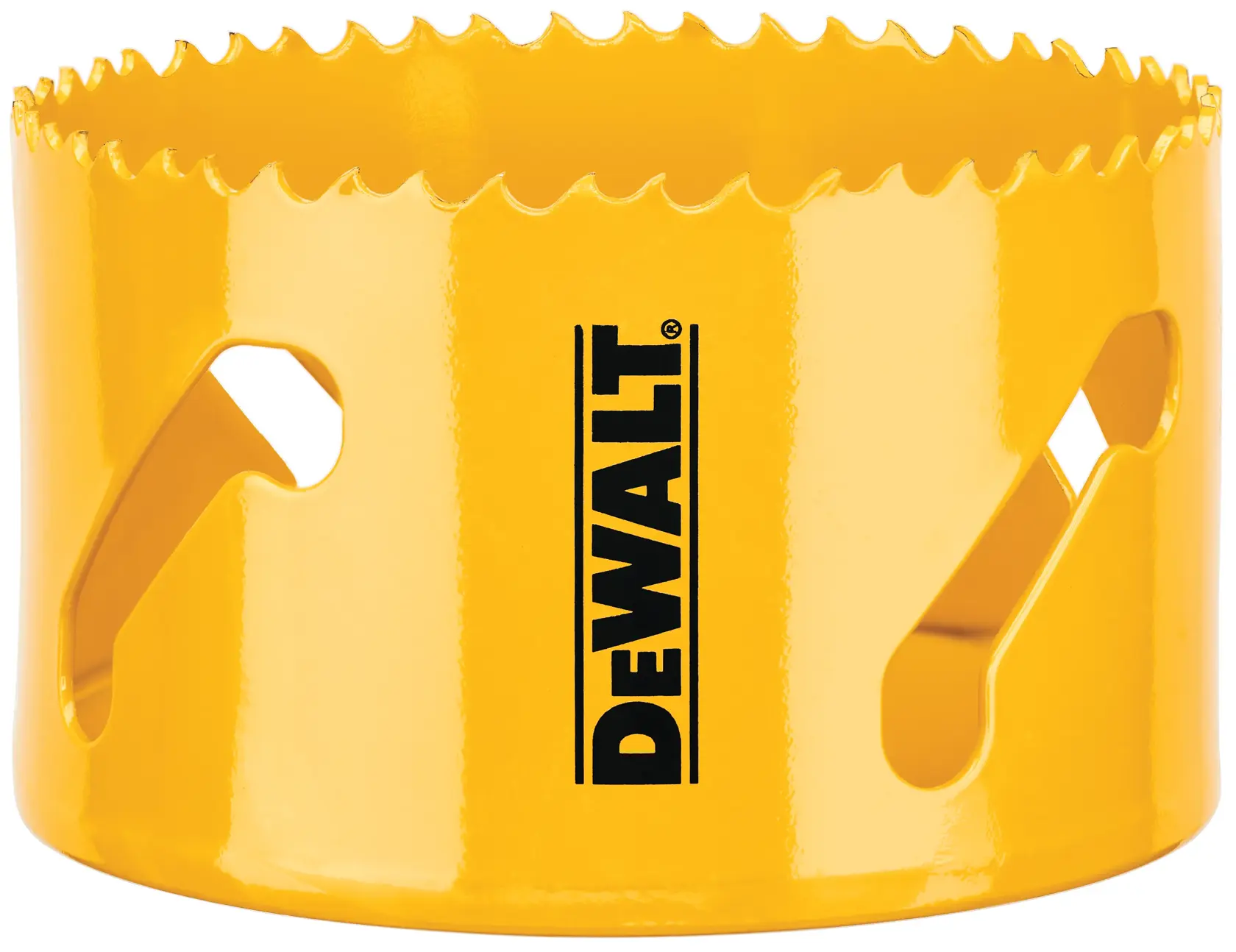 Uma serra de copa amarela DEWALT com dentes afiados e orifícios de ventilação, projetada para cortar furos circulares em materiais.