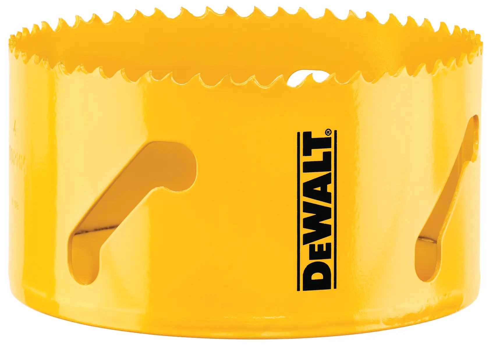 Imagem de close de uma serra copo amarela DEWALT com dentes afiados na borda superior e o logotipo da DEWALT impresso na lateral.