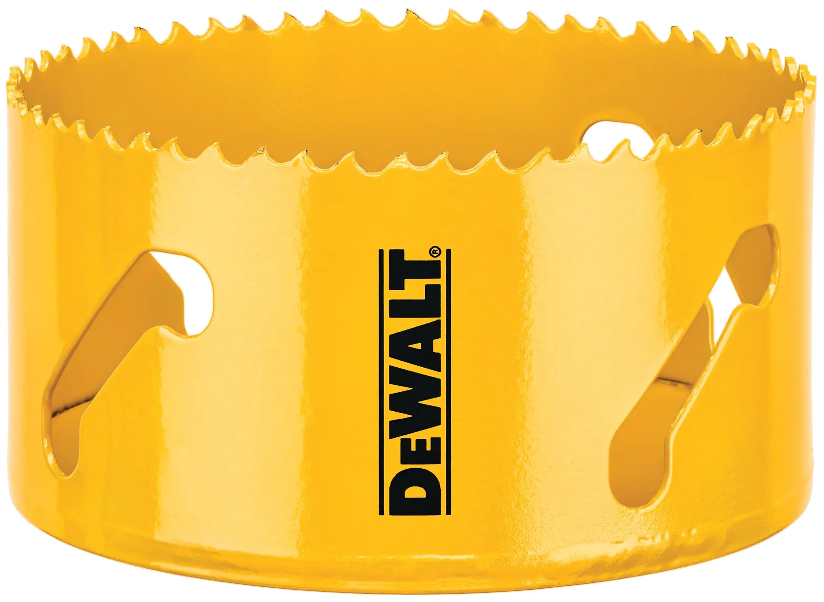 Uma serra copo amarela da DEWALT com dentes afiados e ranhuras, usada para cortar buracos circulares em materiais.