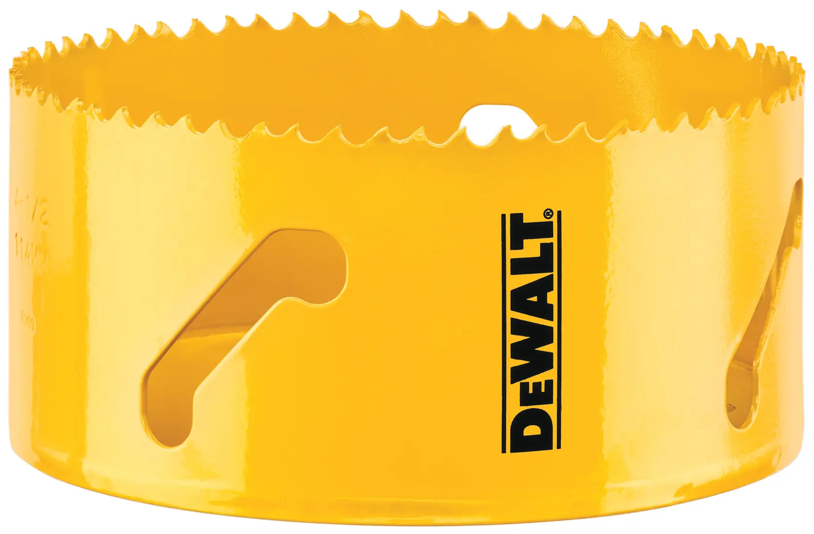 Uma serra copo amarela DEWALT com dentes irregulares e orifícios de ventilação, usada para cortar buracos circulares em materiais.