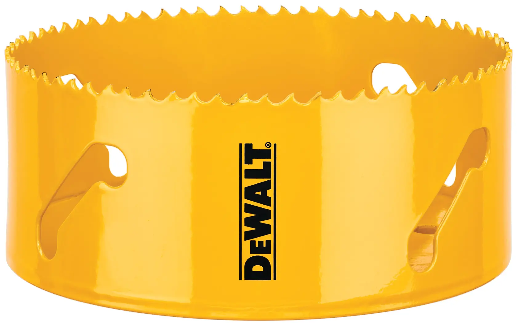 Serra copo amarela DEWALT com bordas serrilhadas afiadas, usada para cortar furos circulares precisos em materiais como madeira ou metal.
