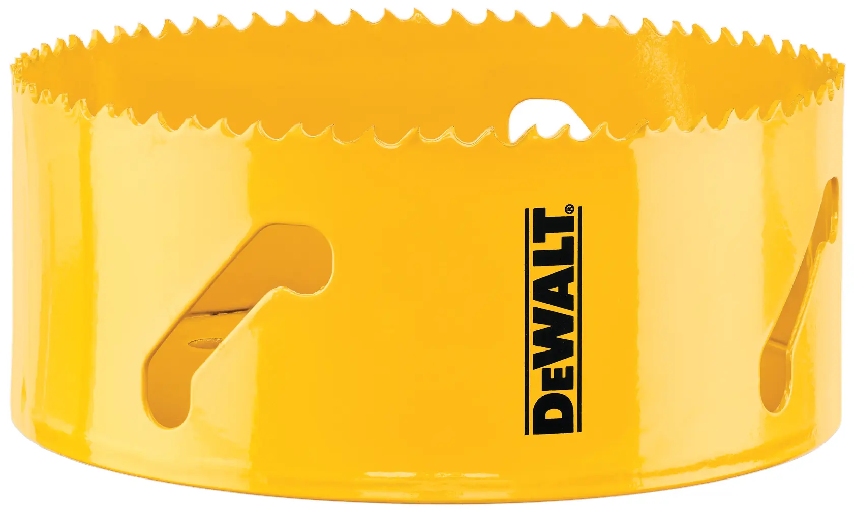 Uma serra copo amarela DEWALT com dentes afiados ao redor da borda, usada para perfurar grandes furos circulares em materiais como madeira ou metal.