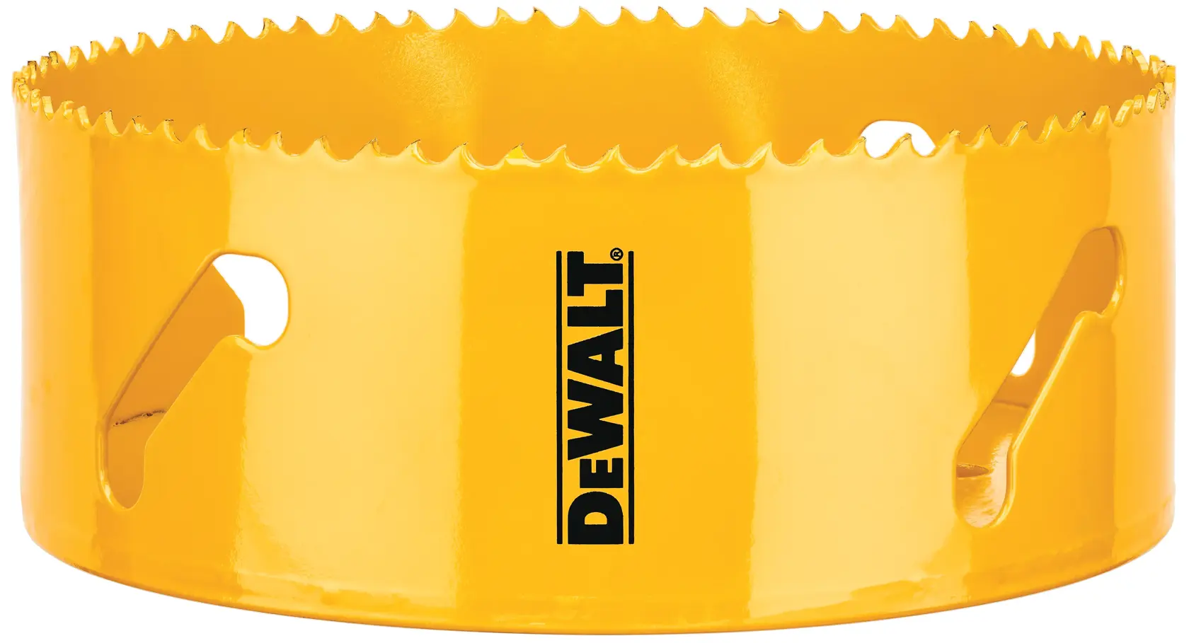 Uma serra copo amarela da DEWALT com dentes afiados na borda, projetada para cortar furos circulares em materiais.