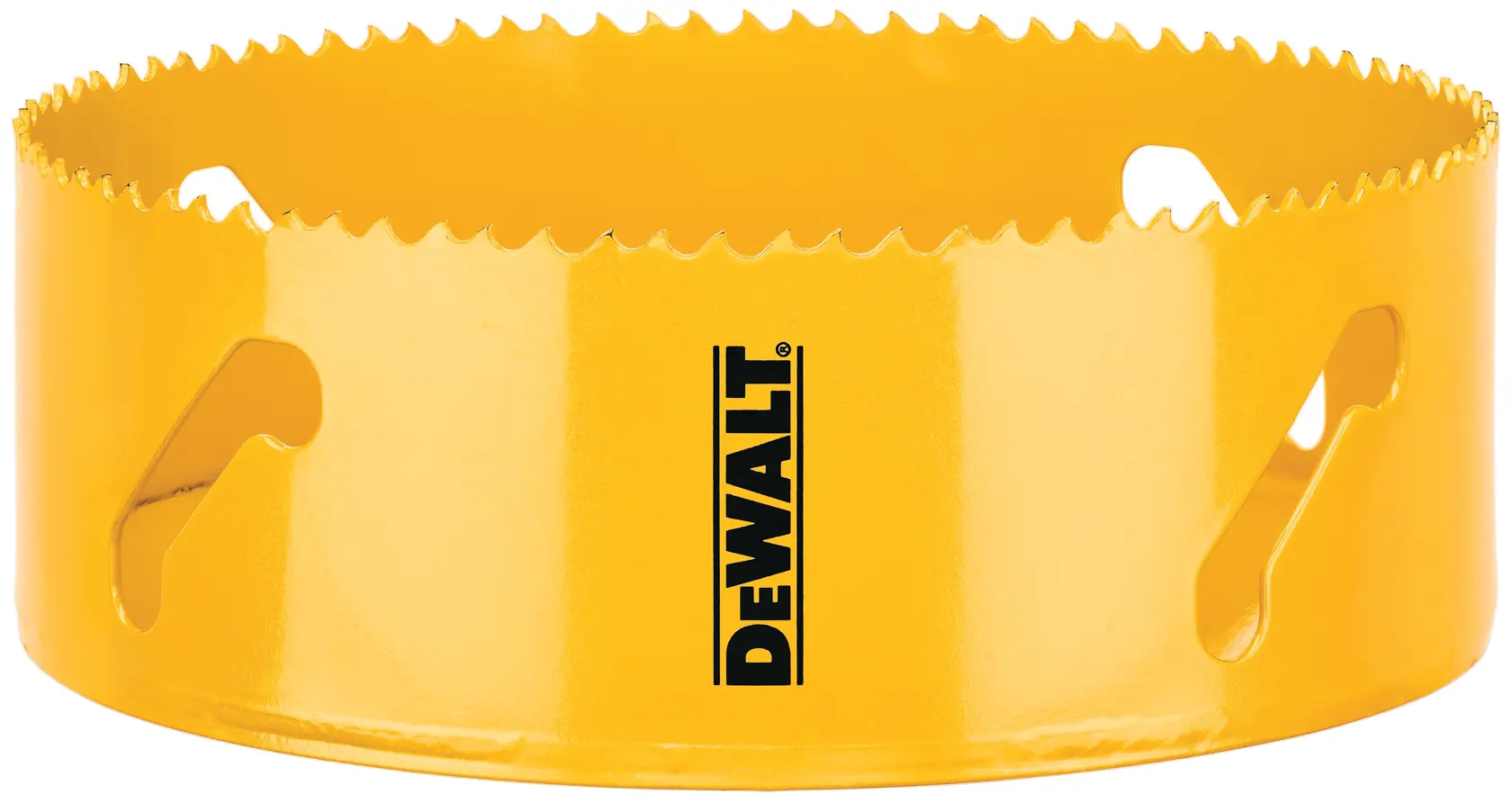 Uma serra copo amarela da DEWALT com dentes afiados, projetada para cortar furos em materiais como madeira, plástico ou metal.