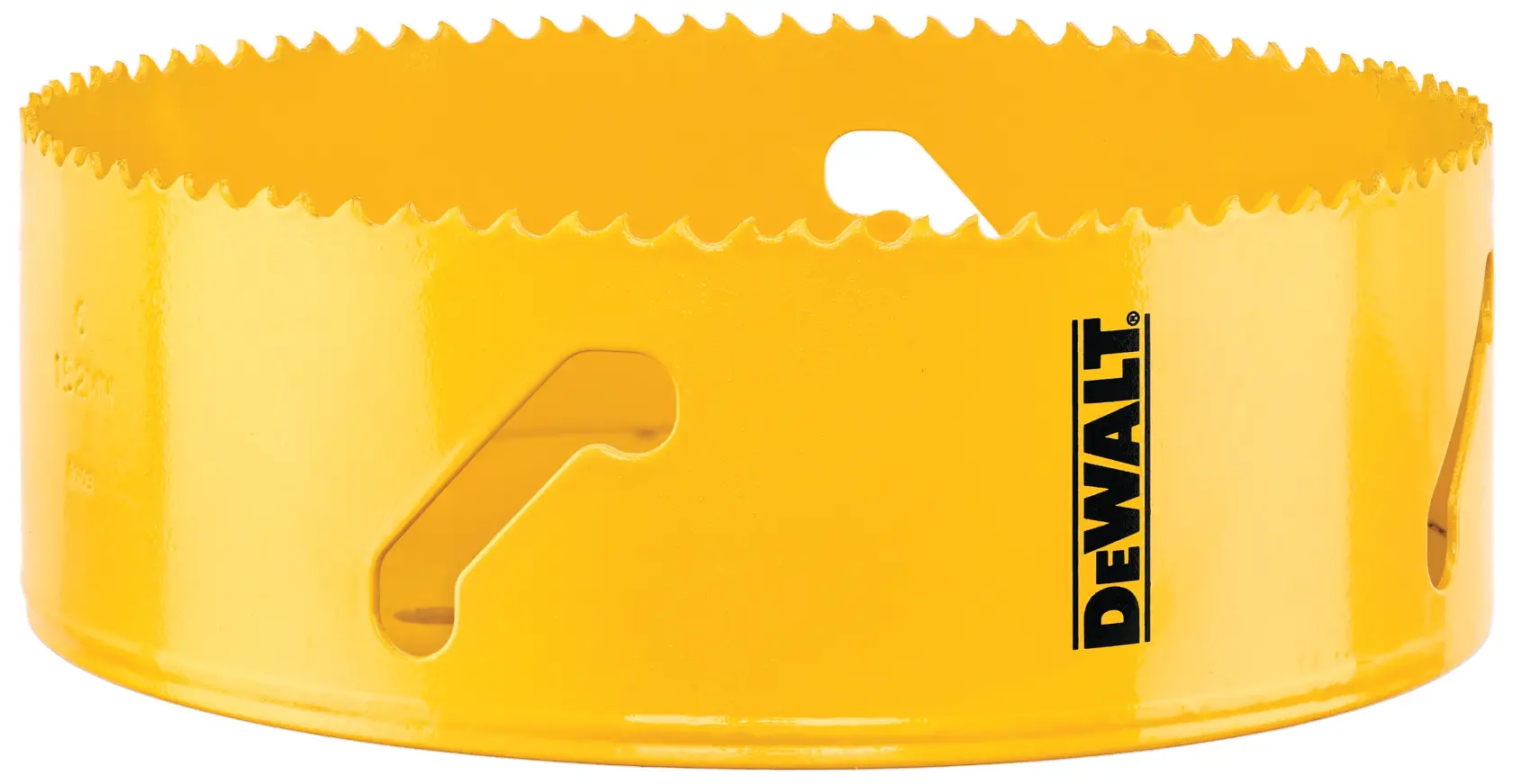 Uma serra copo amarela DEWALT com dentes afiados na borda, usada para cortar furos circulares em materiais.