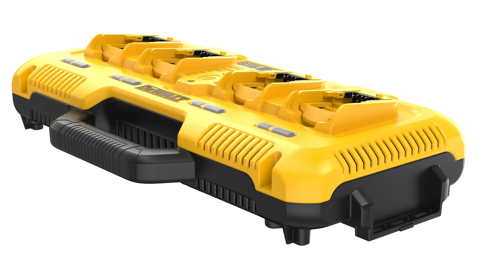 Um carregador de bateria multiportas DEWALT amarelo e preto com quatro slots de carregamento e uma alça de transporte, fotografado sobre um fundo branco.