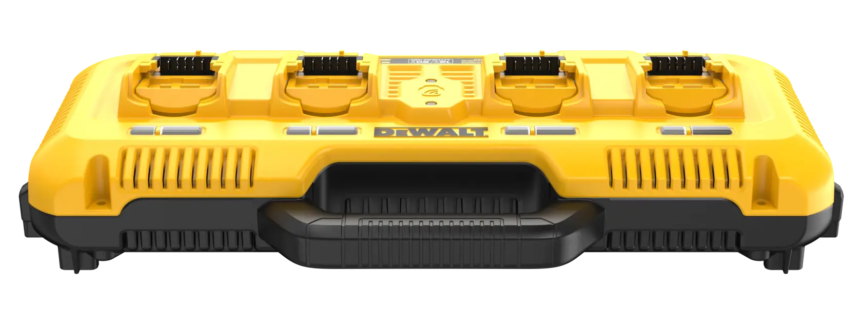 Vista frontal do carregador de bateria DEWALT DCB104 amarelo e preto com quatro portas e alça, projetado para carregar várias baterias de ferramentas elétricas ao mesmo tempo.