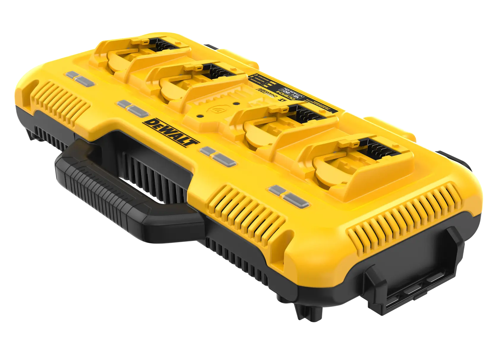 Um carregador portátil amarelo DEWALT DCB104 com quatro compartimentos de carregamento e alça preta, projetado para baterias de ferramentas elétricas.