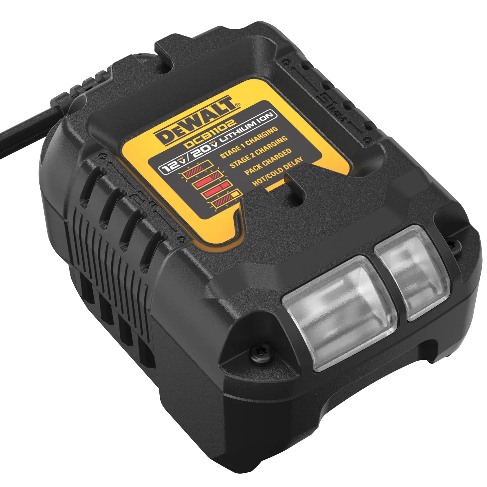 Carregador de bateria DEWALT DCB1102 para baterias de íon de lítio de 12V e 20V, corpo de plástico preto com etiqueta amarela exibindo informações de carregamento, fotografado sobre fundo branco.