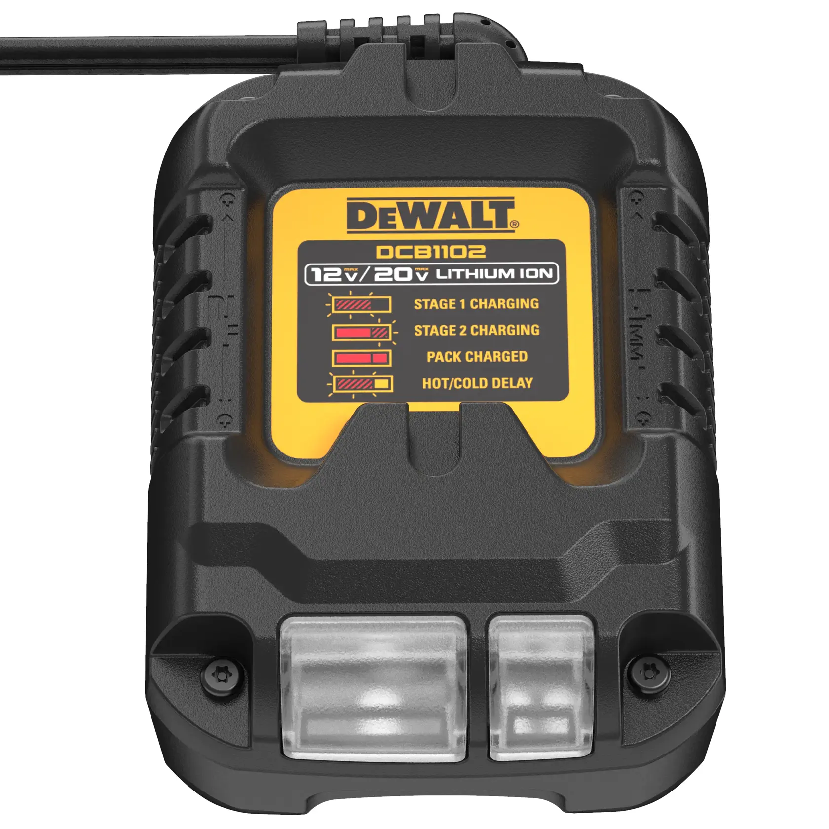 Carregador de bateria DEWALT DCB1102 para baterias de íon de lítio 12V/20V, com luzes indicadoras mostrando estágios de carregamento, bateria carregada e atraso quente/frio.