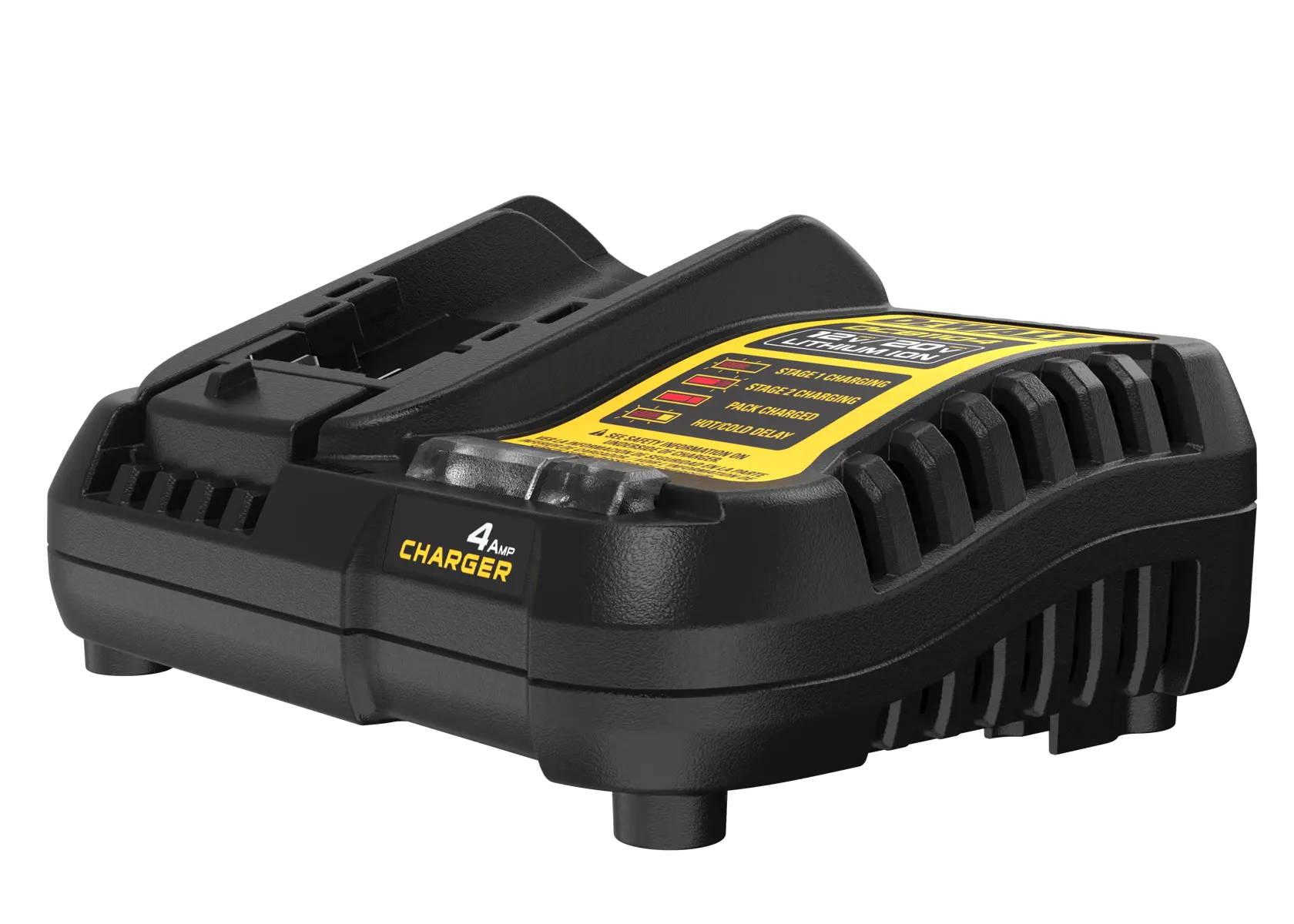 Um carregador de bateria DEWALT DCB1104 para baterias XR Li-Ion de 12V e 18V, com design preto e amarelo, luzes indicadoras e instruções rotuladas na superfície superior.