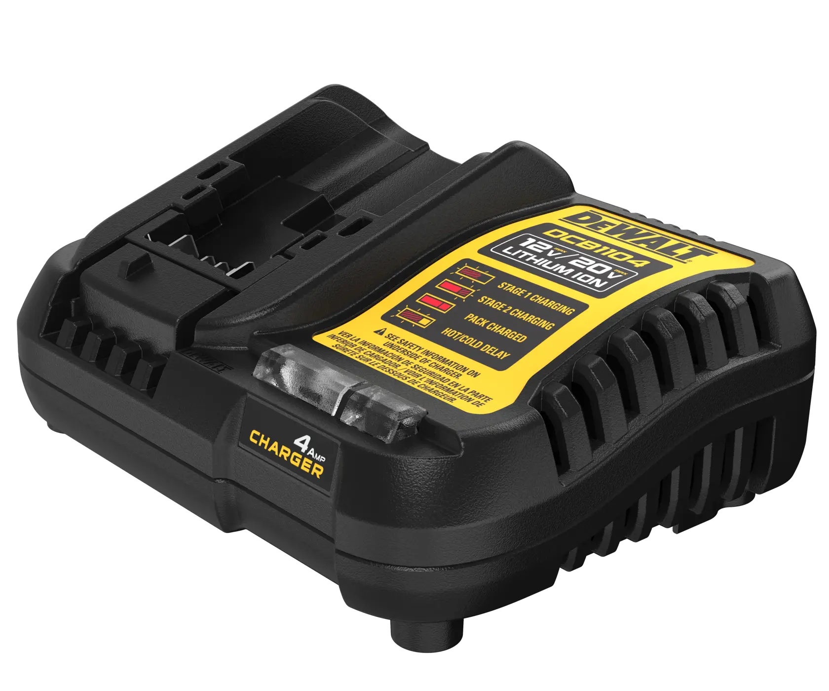 Um carregador de bateria DEWALT DCB1104 para baterias de íon de lítio de 12V e 20V. O carregador é preto com etiquetas amarelas e possui indicadores luminosos na parte superior, além de '4 Amp Charger' escrito na frente.