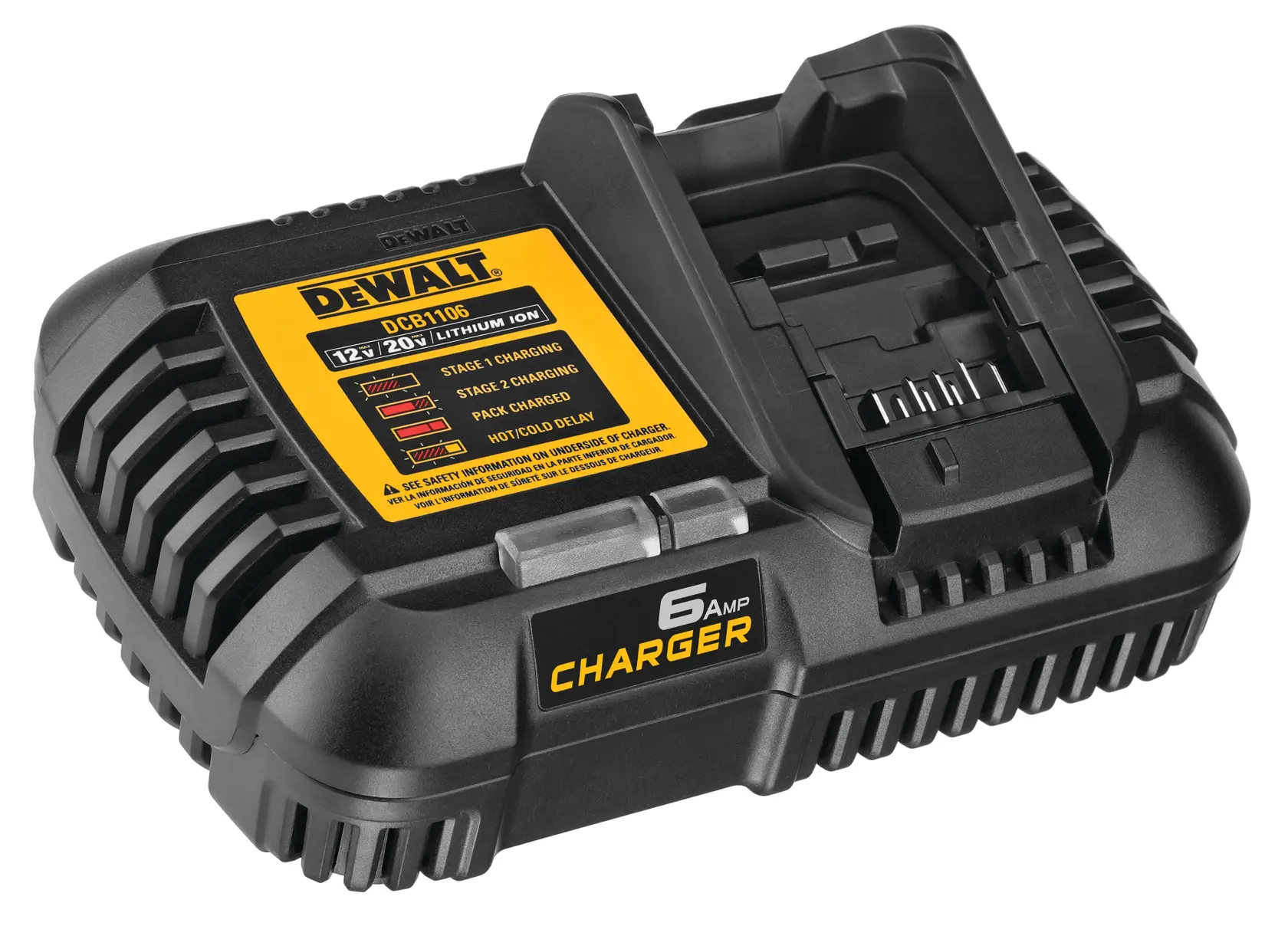 Um carregador de bateria preto DEWALT DCB1106 com um rótulo amarelo, projetado para carregar baterias de íon de lítio de 12V e 20V. O carregador possui capacidade de 6 amperes e uma entrada inclinada para inserir a bateria.