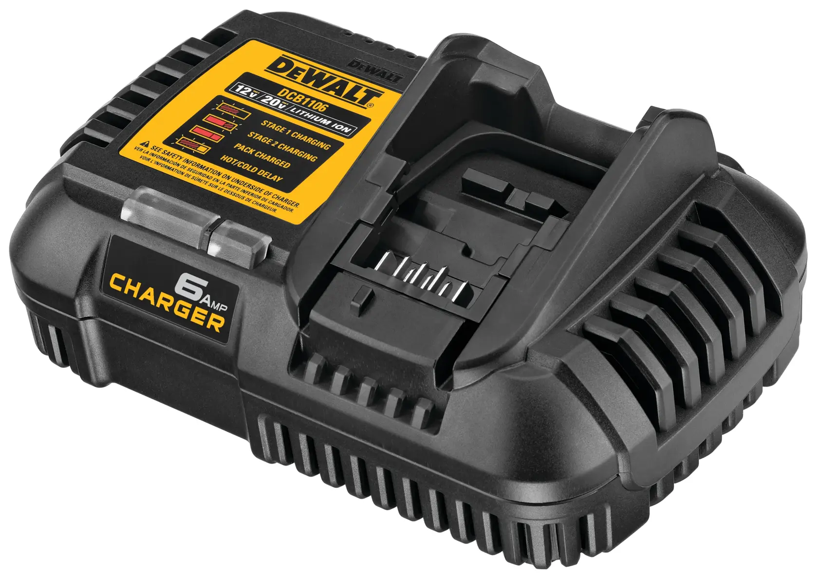 Carregador de bateria DEWALT DCB1106 de 6 amperes, preto com etiqueta amarela, projetado para carregar baterias de íon de lítio de 12V e 20V.