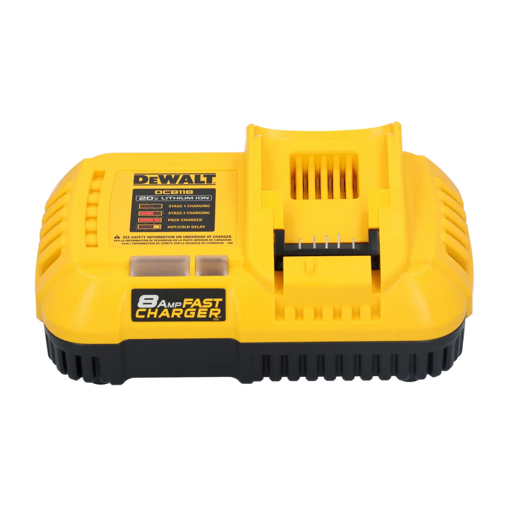 Um carregador rápido de bateria de íon de lítio DEWALT DCB118 20V, com design amarelo e preto e o rótulo '8 AMP FAST CHARGER' na frente.
