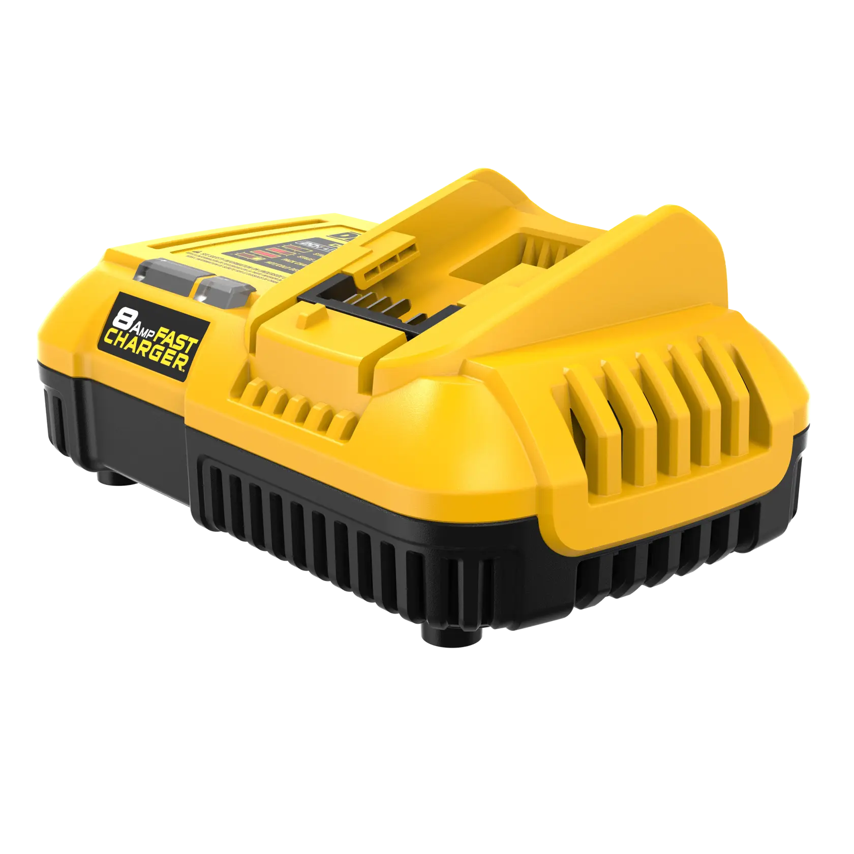 Um carregador rápido DEWALT DCB118 de 8 amperes para baterias de ferramentas, com corpo amarelo e preto e aberturas de ventilação visíveis.