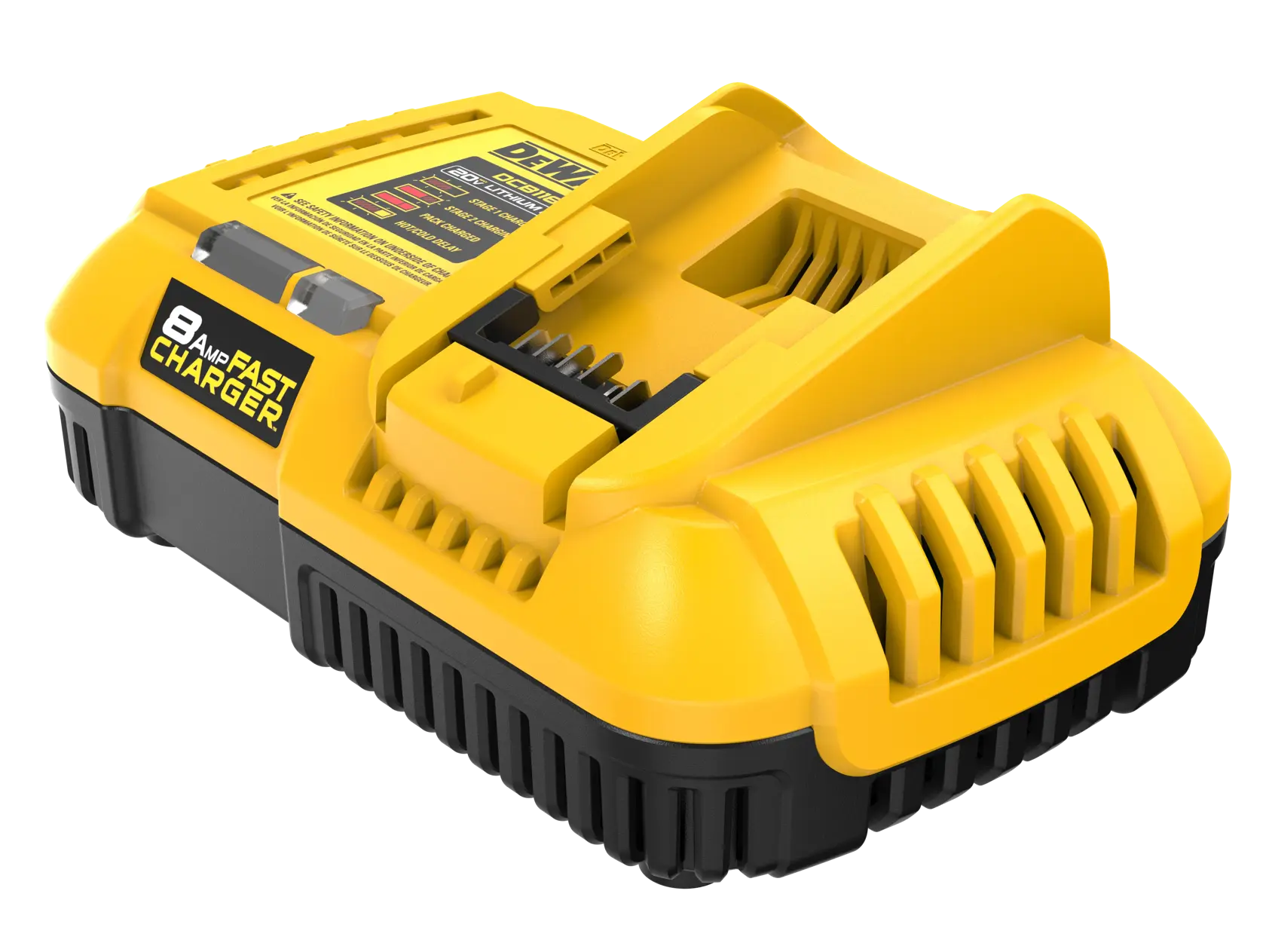 Carregador rápido de bateria DEWALT de 8 amperes amarelo e preto para ferramentas elétricas, visto em perspectiva angular.