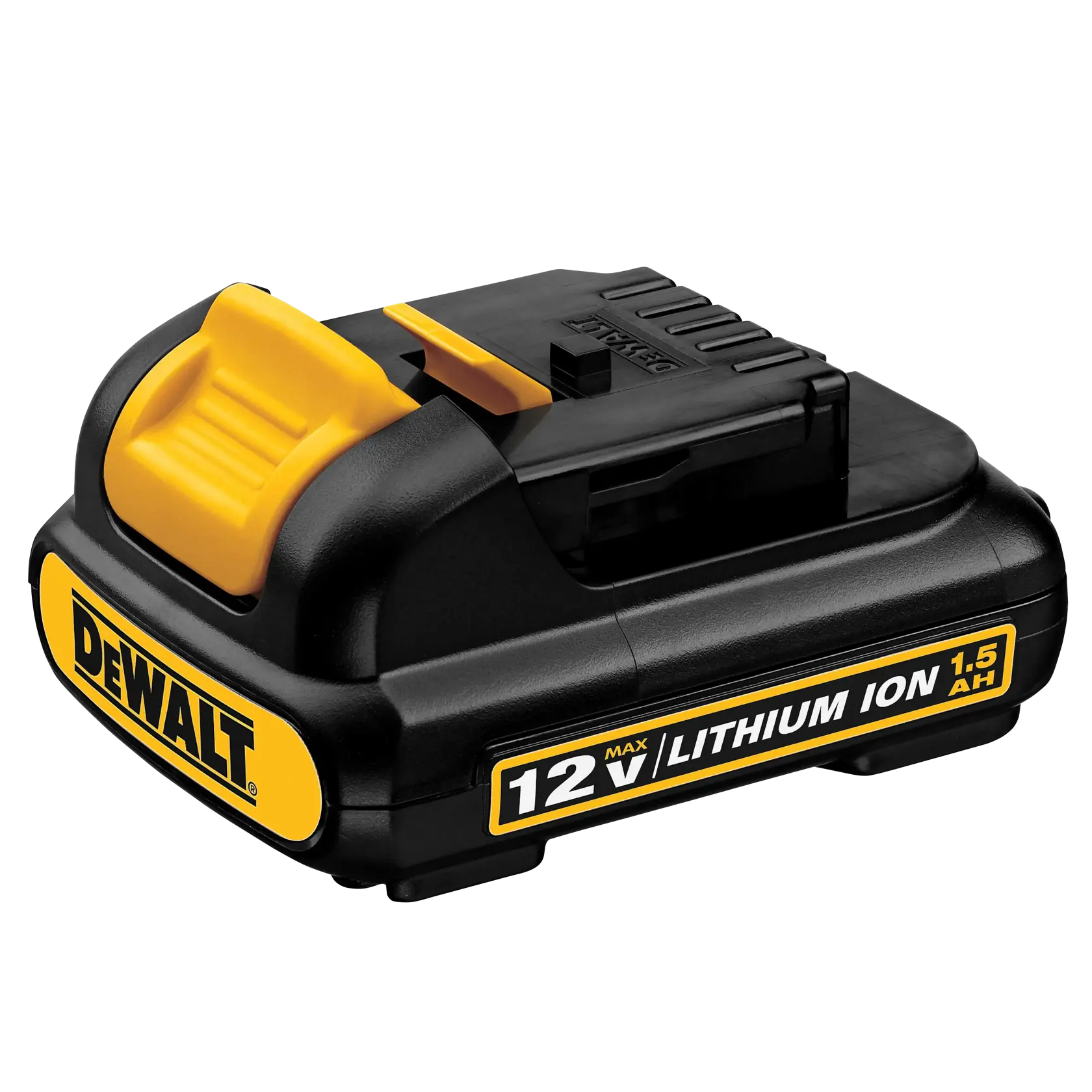 Um pacote de bateria de íon de lítio DEWALT 12V MAX 1,5Ah, preto com detalhes amarelos, projetado para ferramentas elétricas.