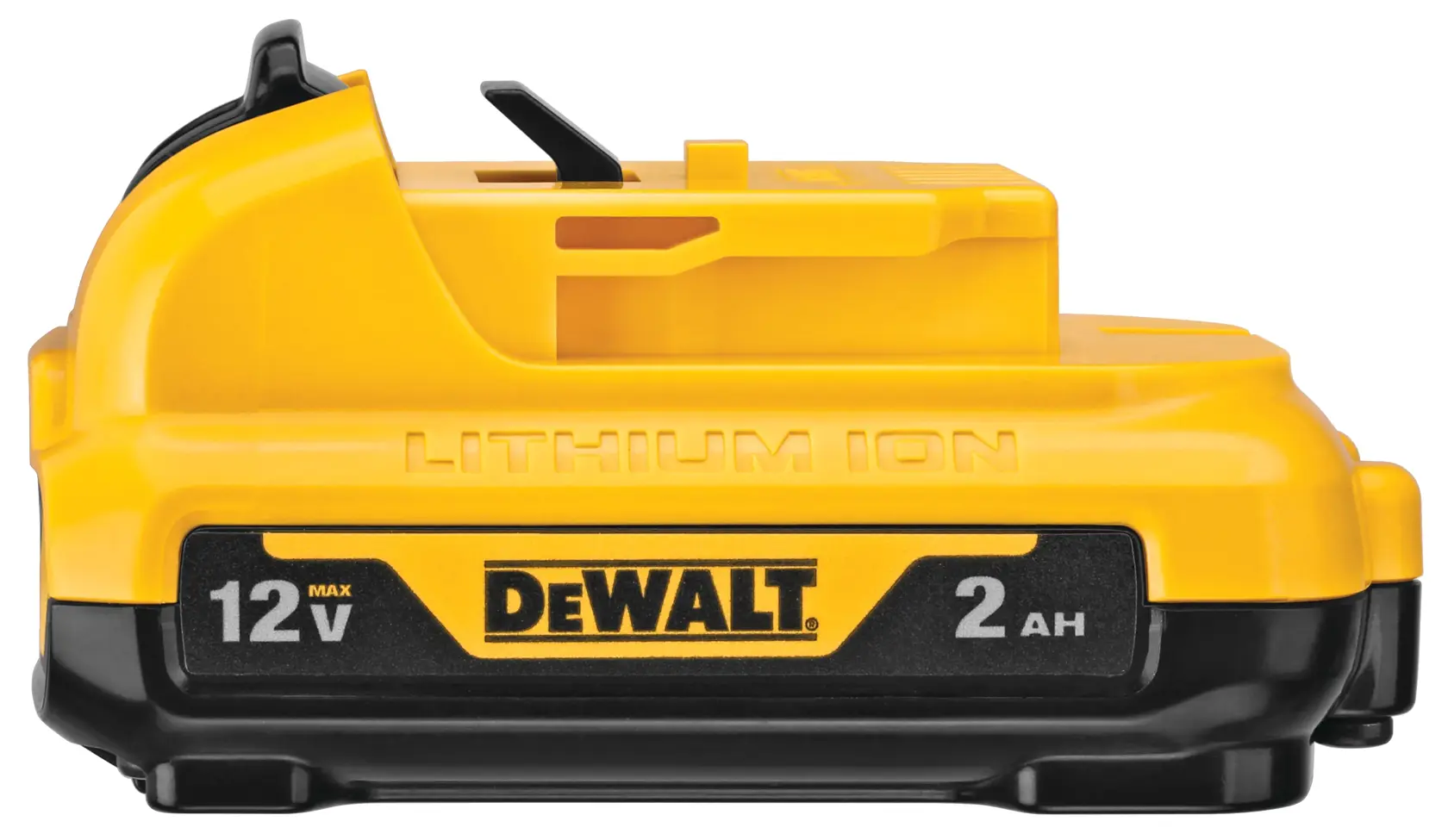 Um pacote de bateria de íon de lítio DEWALT 12V MAX com capacidade de 2Ah, mostrado em close-up sobre fundo branco.