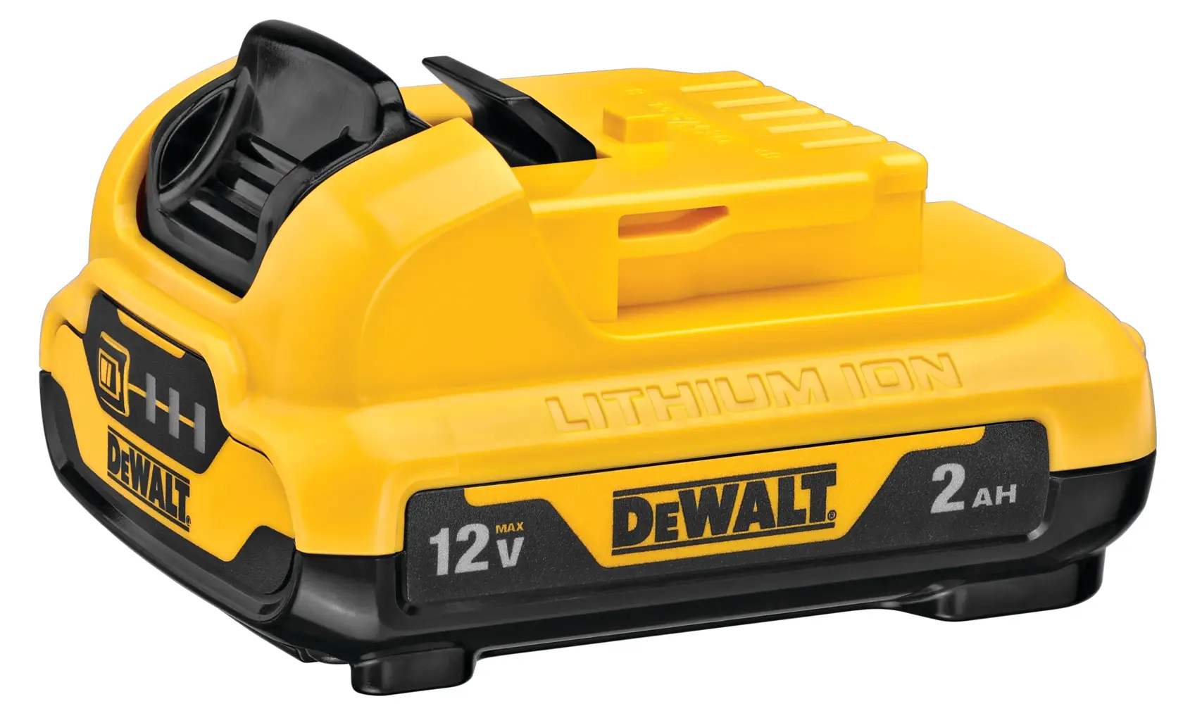 Pacote de bateria de íon de lítio DEWALT 12V com capacidade de 2 ampere-hora, apresentando design amarelo e preto com o logotipo DEWALT e especificações técnicas impressas na caixa.