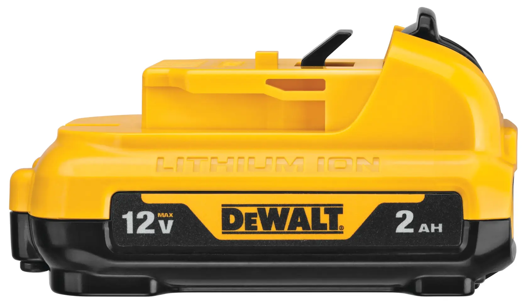 Um pacote de bateria de íon de lítio DEWALT 12V com capacidade de 2 ampères-hora, exibido em amarelo e preto.