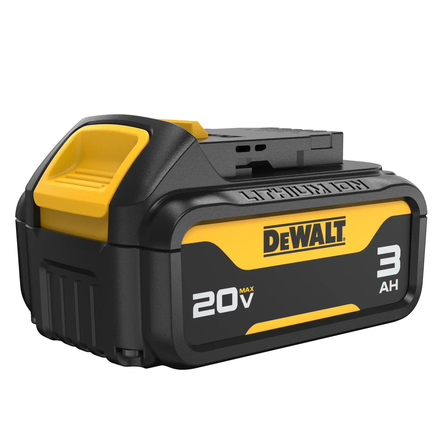Uma bateria de íon de lítio DEWALT 20V MAX 3Ah, com caixa preta e amarela, projetada para ferramentas elétricas.