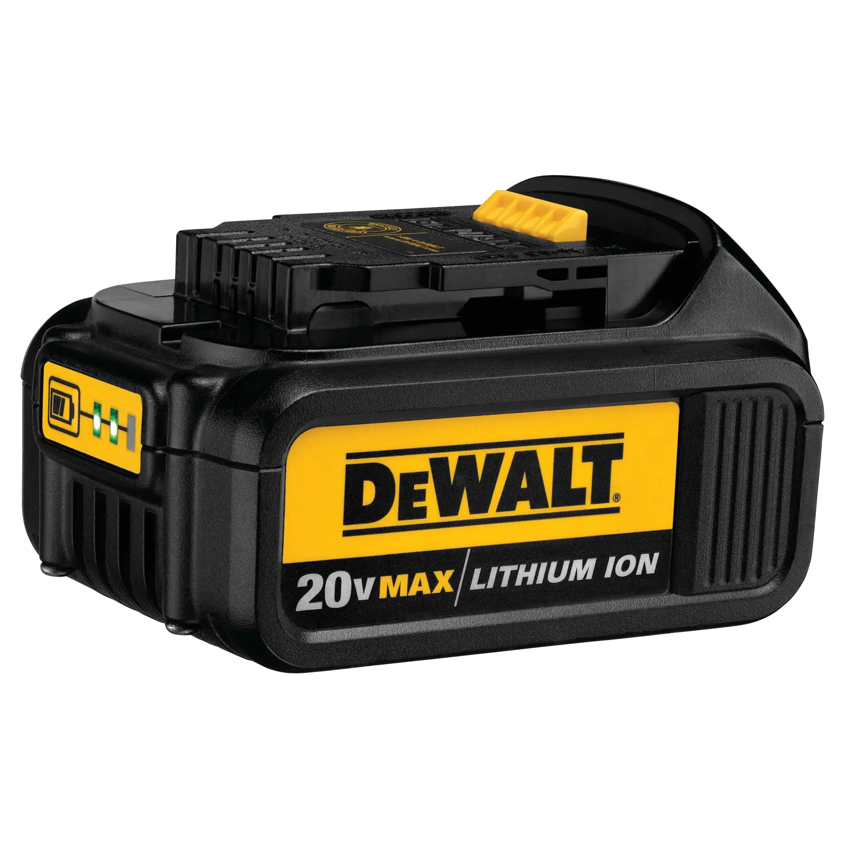 Um pacote de bateria de íon de lítio DEWALT 20V MAX, preto e amarelo, com a marca e o indicador de bateria visíveis.