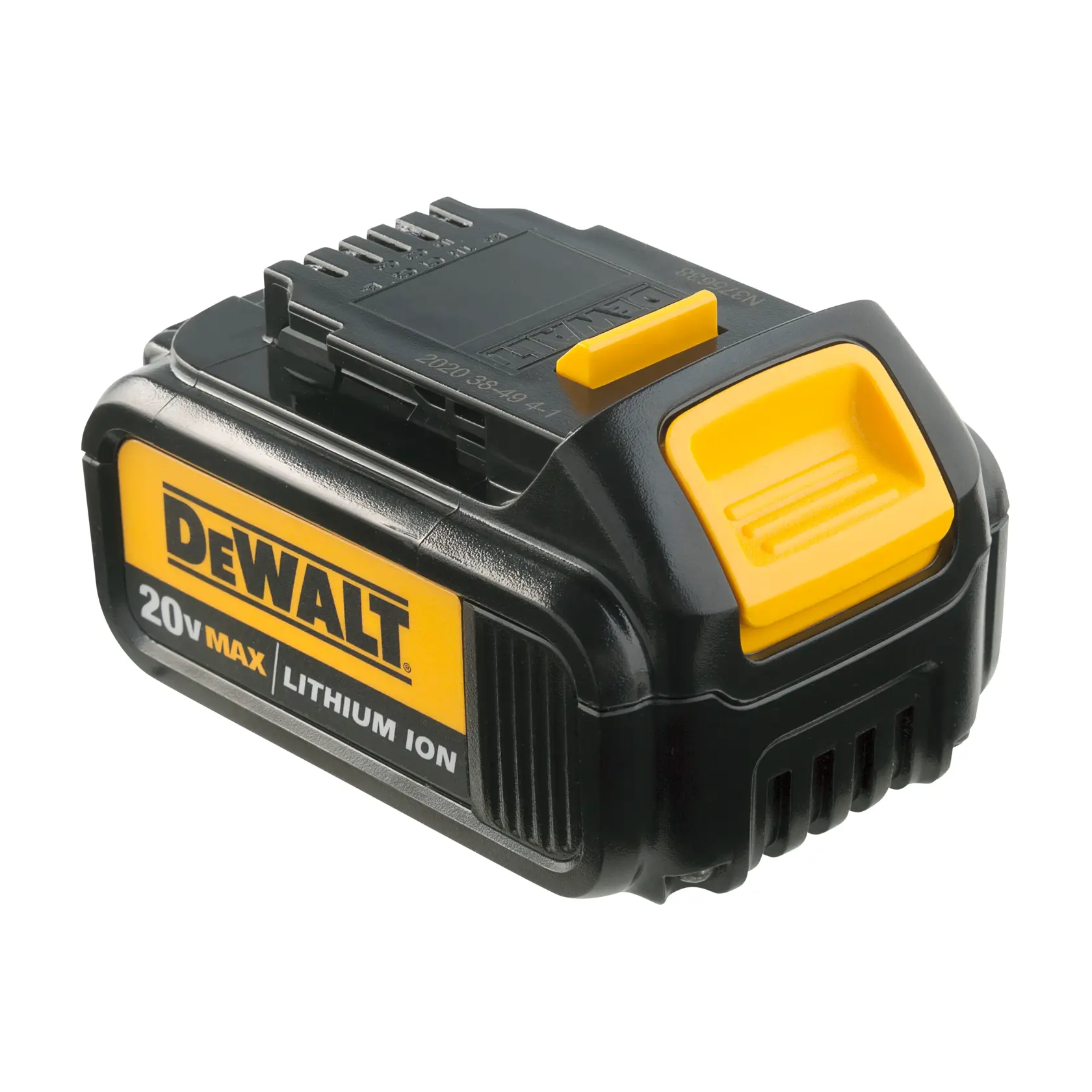 Uma bateria de íon de lítio DEWALT 20V MAX com design preto e amarelo, modelo DCB200.