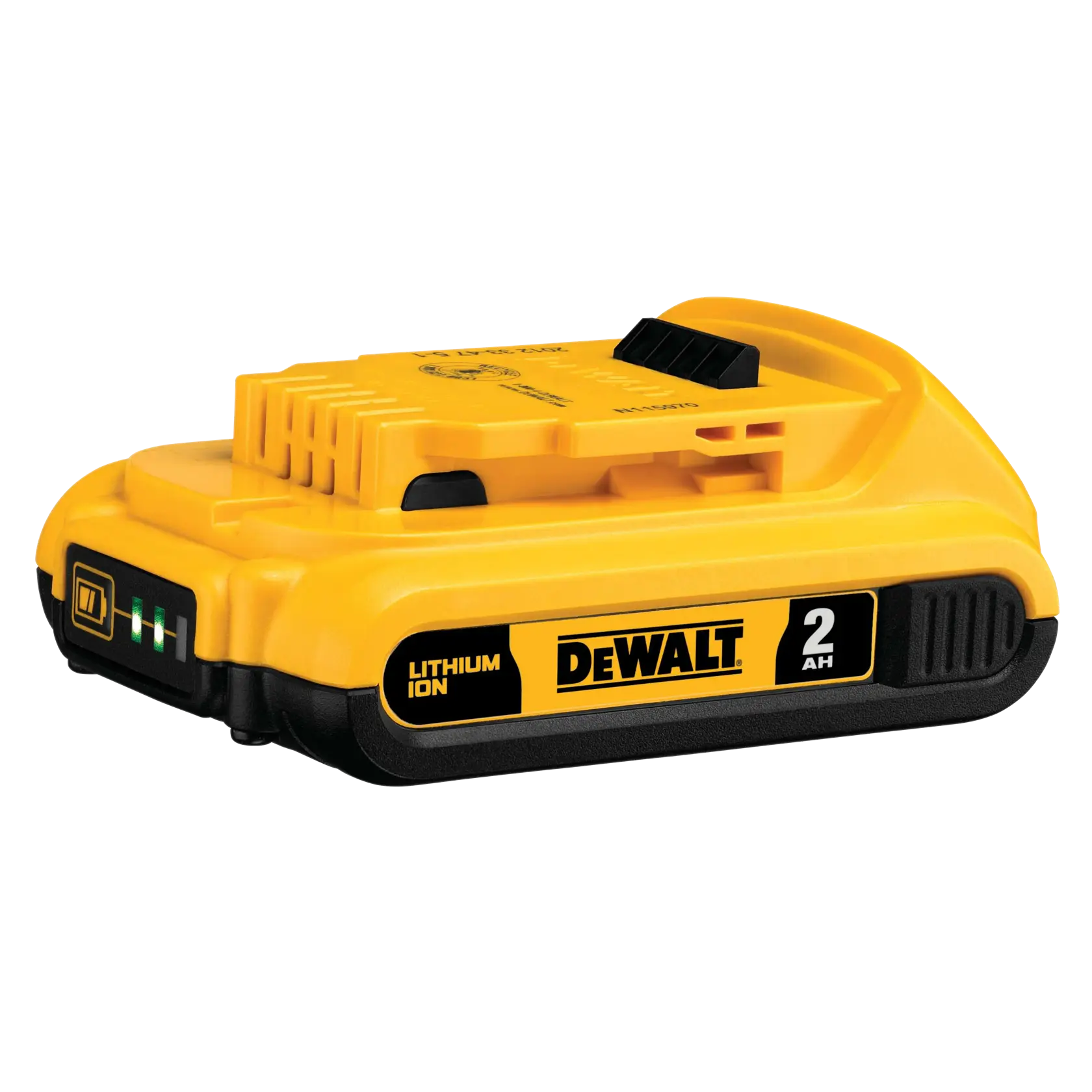 Bateria DEWALT 2Ah lítio-íon, amarela e preta, vista lateral com LEDs.
