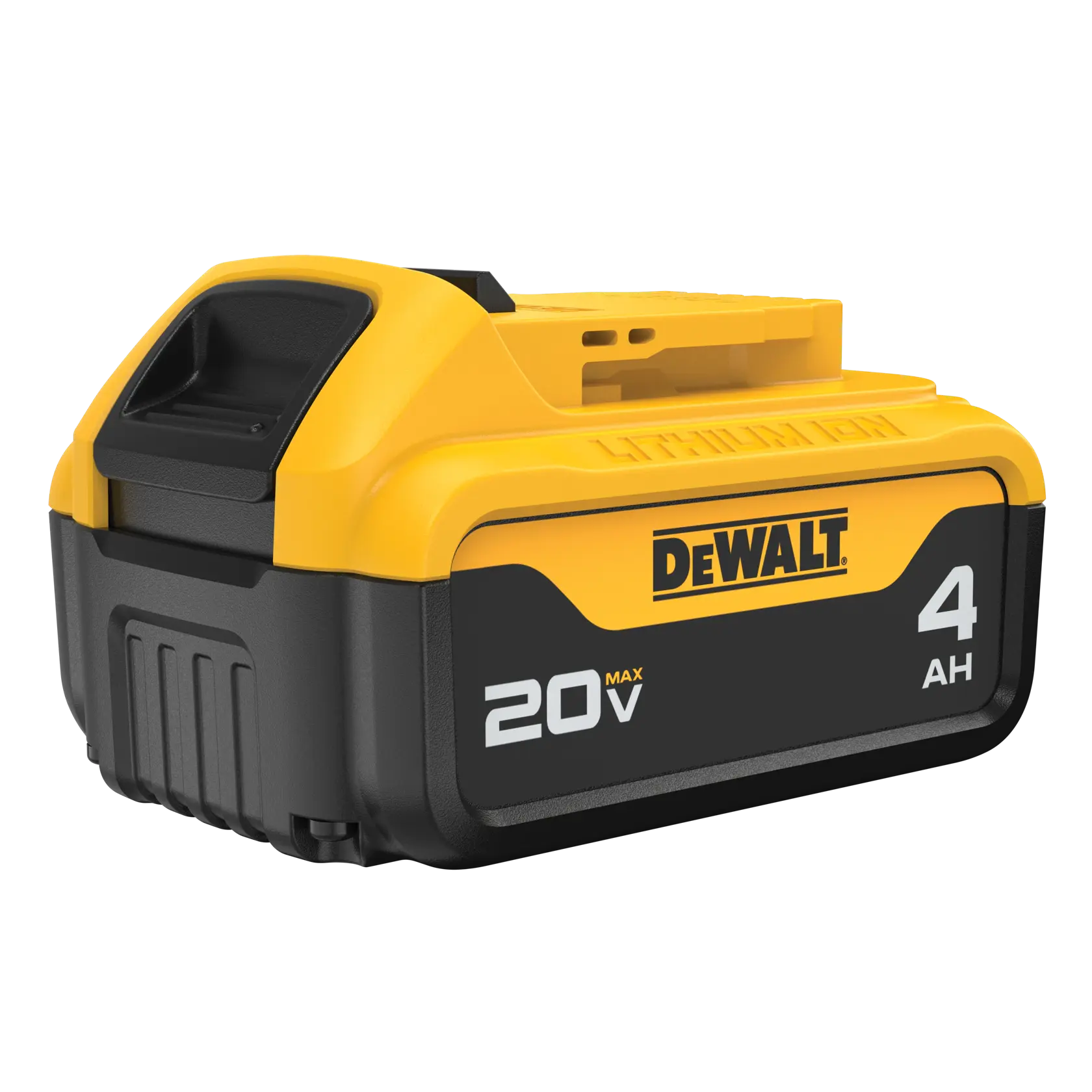 Um pacote de bateria de íons de lítio DEWALT 20V Max com capacidade de 4 ampères-hora, com design amarelo e preto.