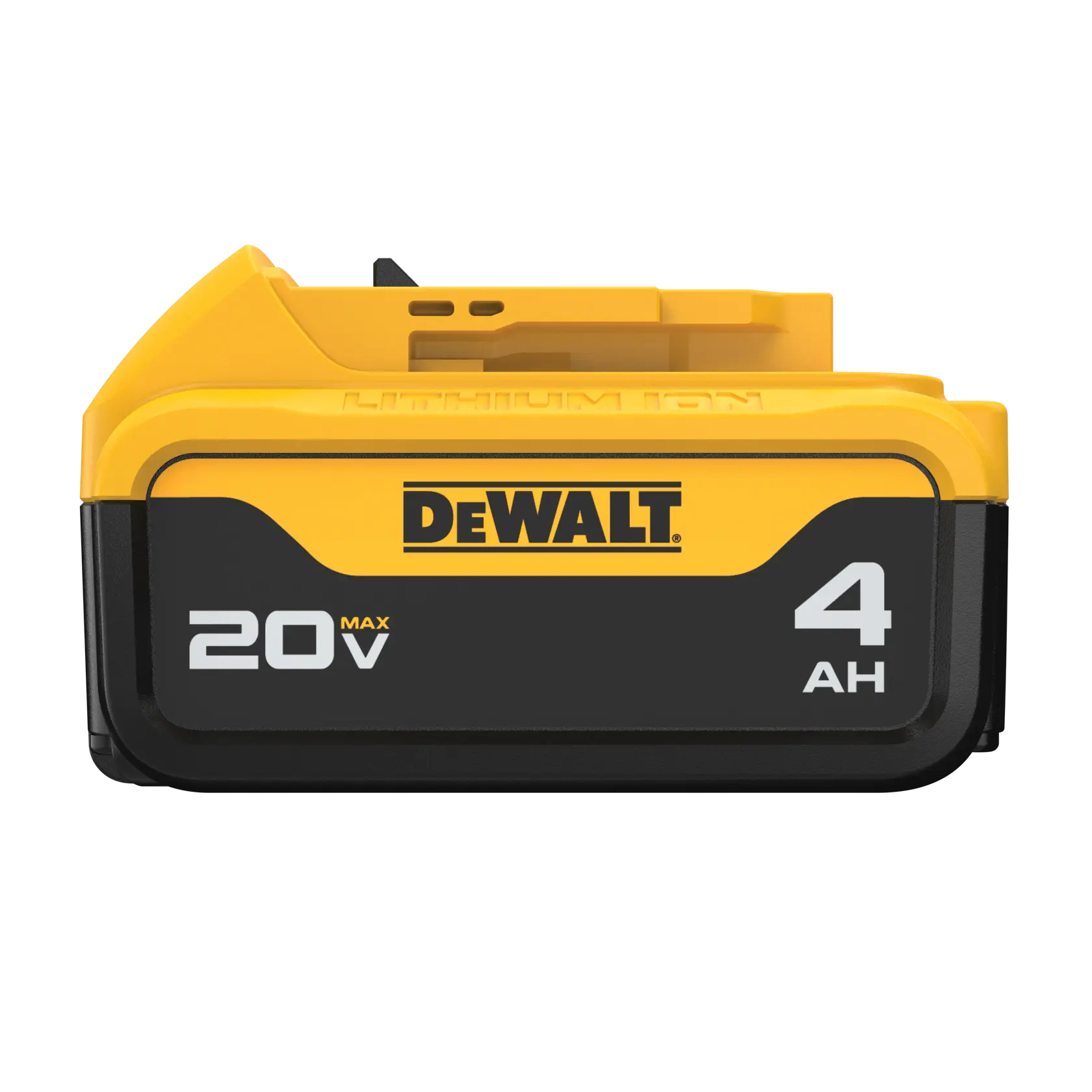 Uma bateria de íon de lítio DEWALT 20V Max com capacidade de 4 ampère-hora (AH), com uma estrutura amarela e preta.