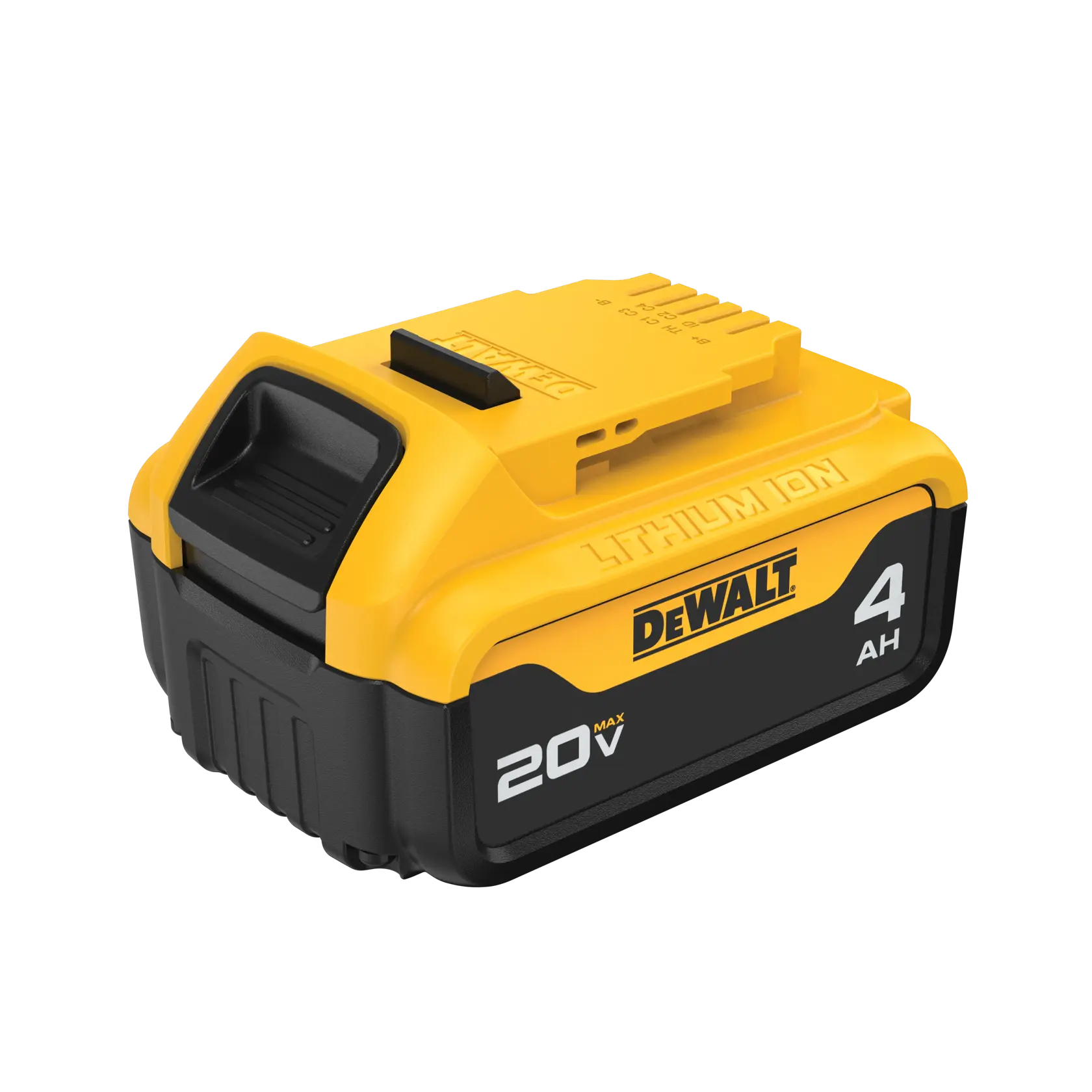 Bateria de íons de lítio DEWALT 20V MAX 4Ah, amarela e preta, projetada para ferramentas elétricas.