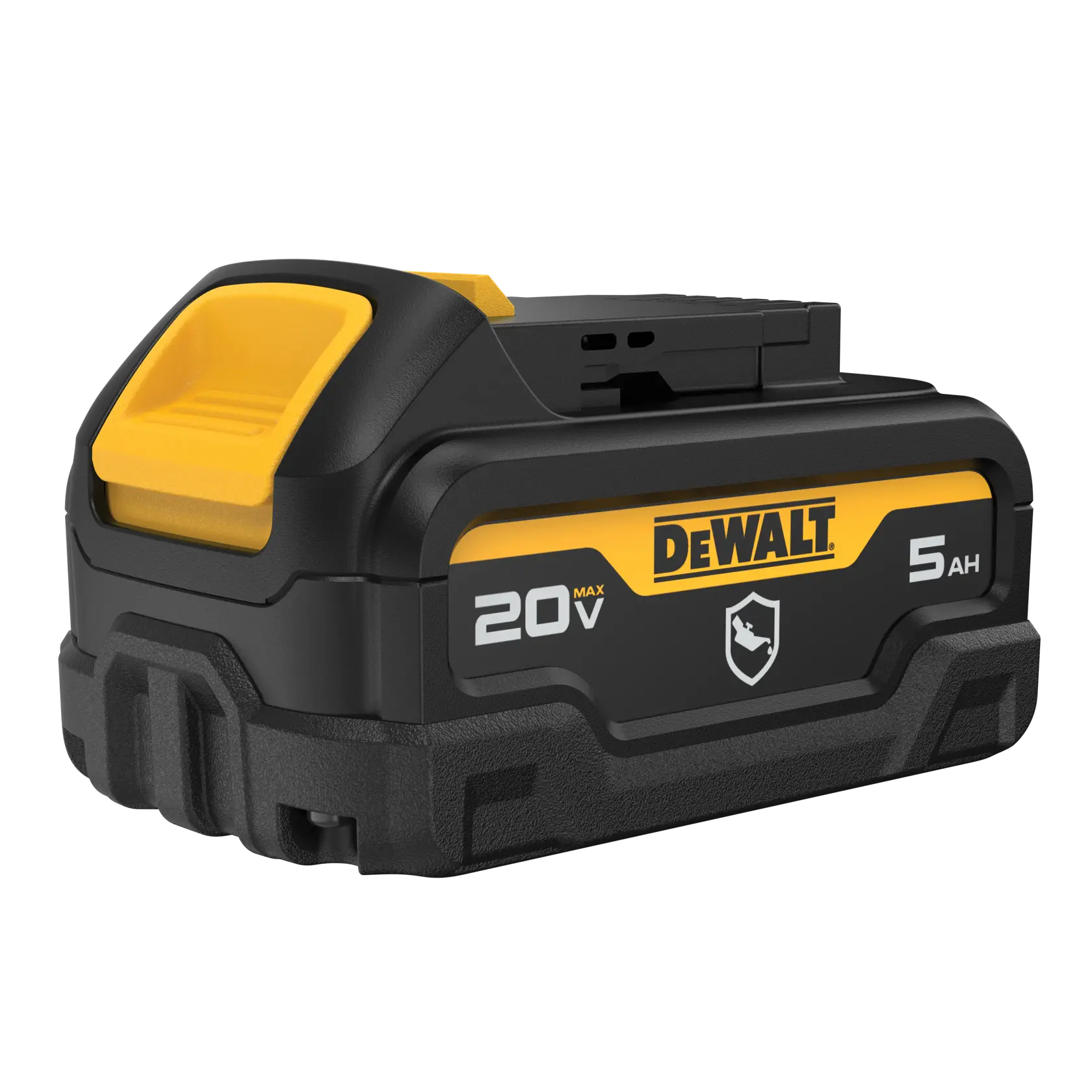 Uma bateria recarregável para ferramentas elétricas DEWALT 20V MAX 5Ah com design preto e amarelo.