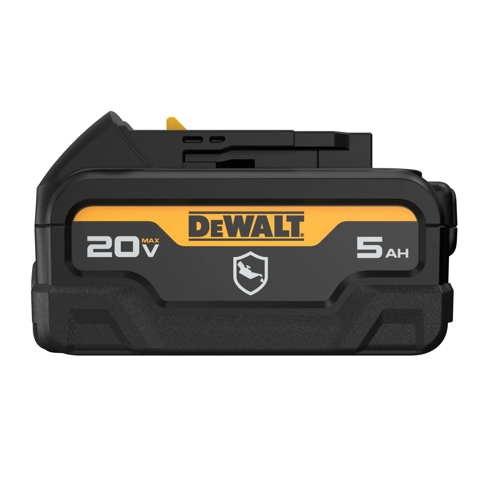 Vista frontal de uma bateria de íons de lítio DEWALT 20V MAX 5Ah, preta com detalhes amarelos, usada para ferramentas elétricas.