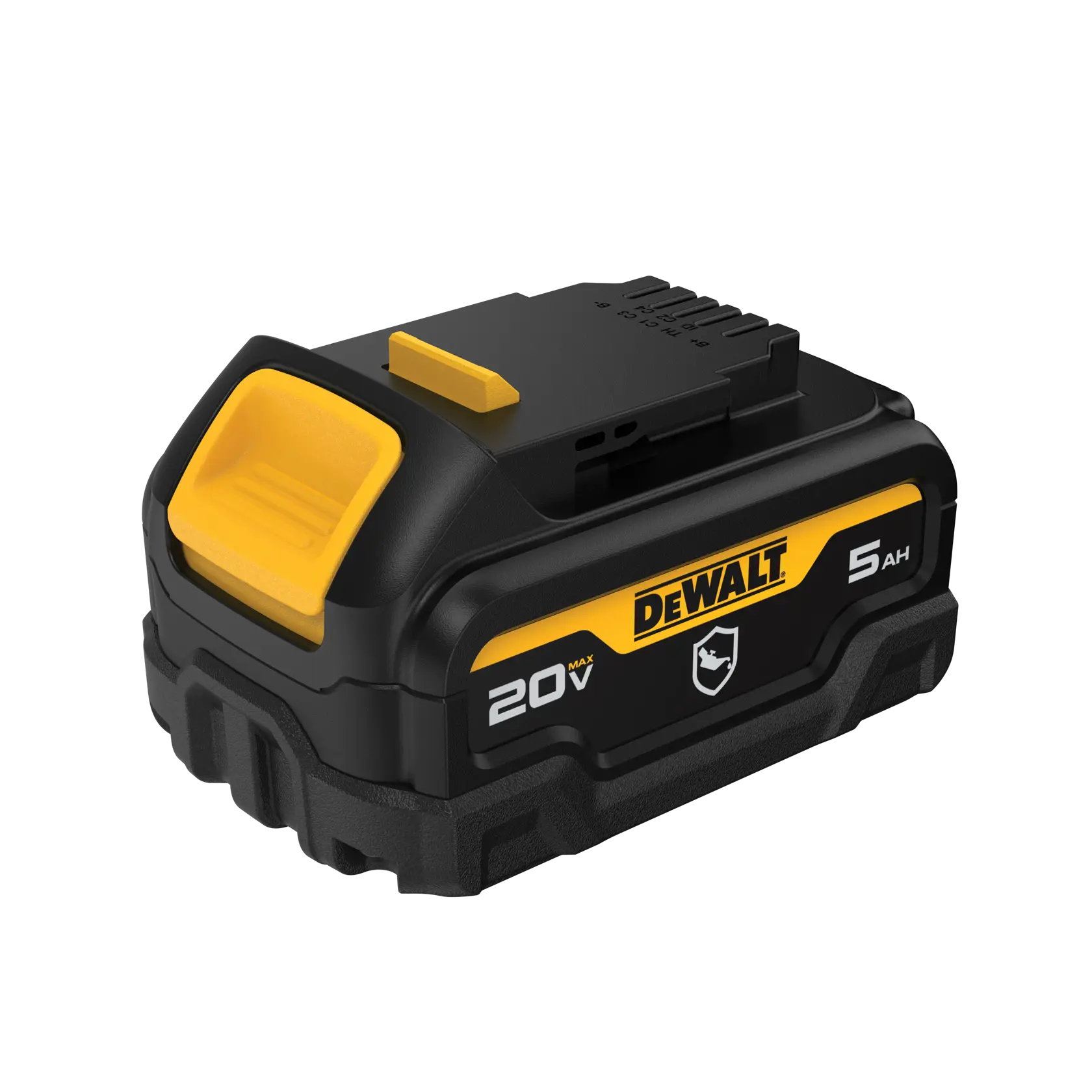 Um pacote de bateria recarregável DEWALT 20V MAX 5Ah, preto com detalhes amarelos, adequado para ferramentas elétricas.