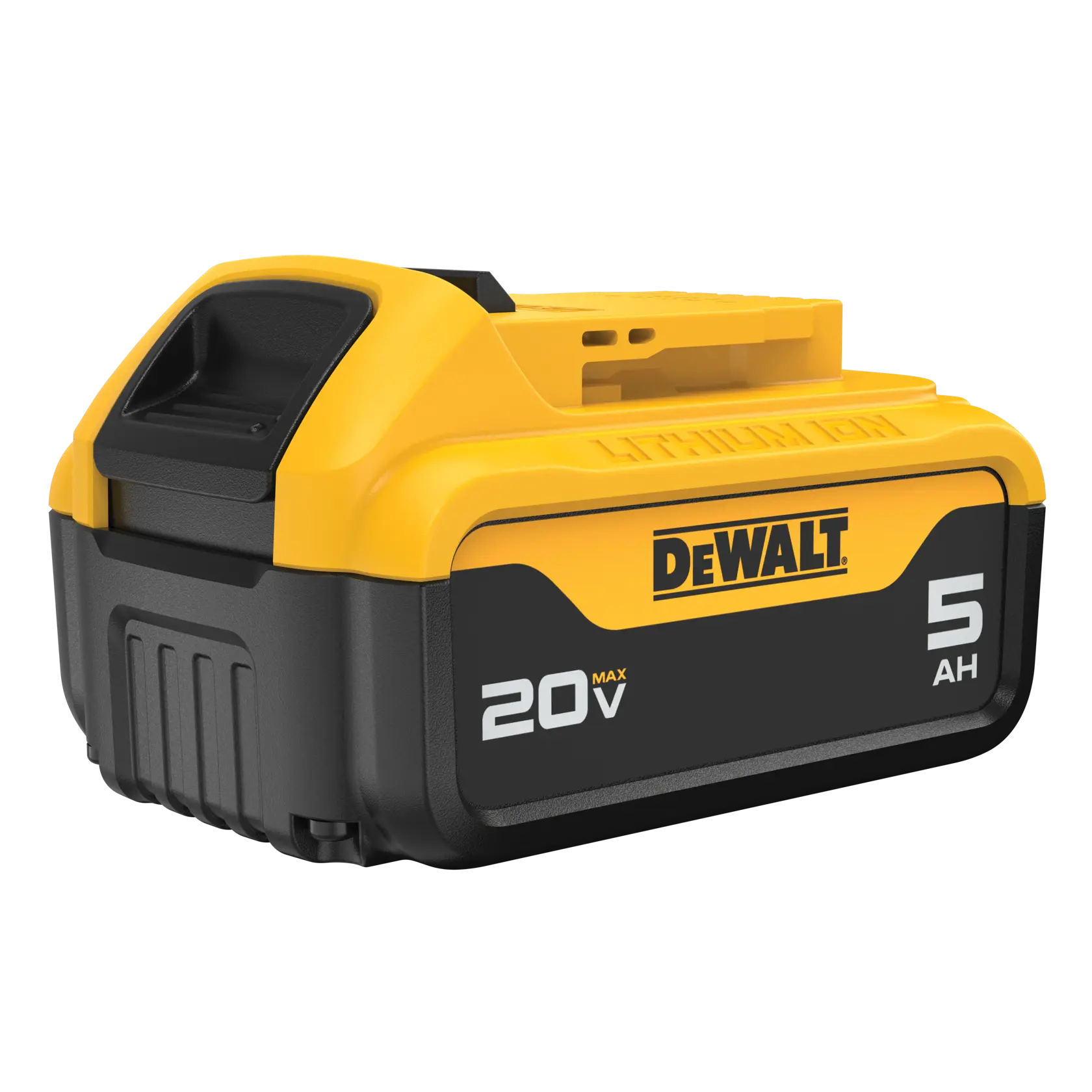 Uma bateria de íon de lítio recarregável para ferramentas elétricas DEWALT com tensão máxima de 20V e capacidade de 5 ampère-horas, com design amarelo e preto.
