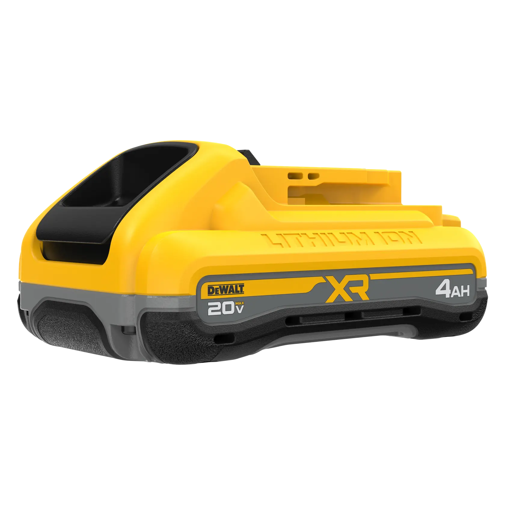 Uma bateria de íons de lítio DEWALT XR 20V MAX com capacidade de 4AH. A bateria é amarela e preta com detalhes em cinza e possui a marca DEWALT na lateral.