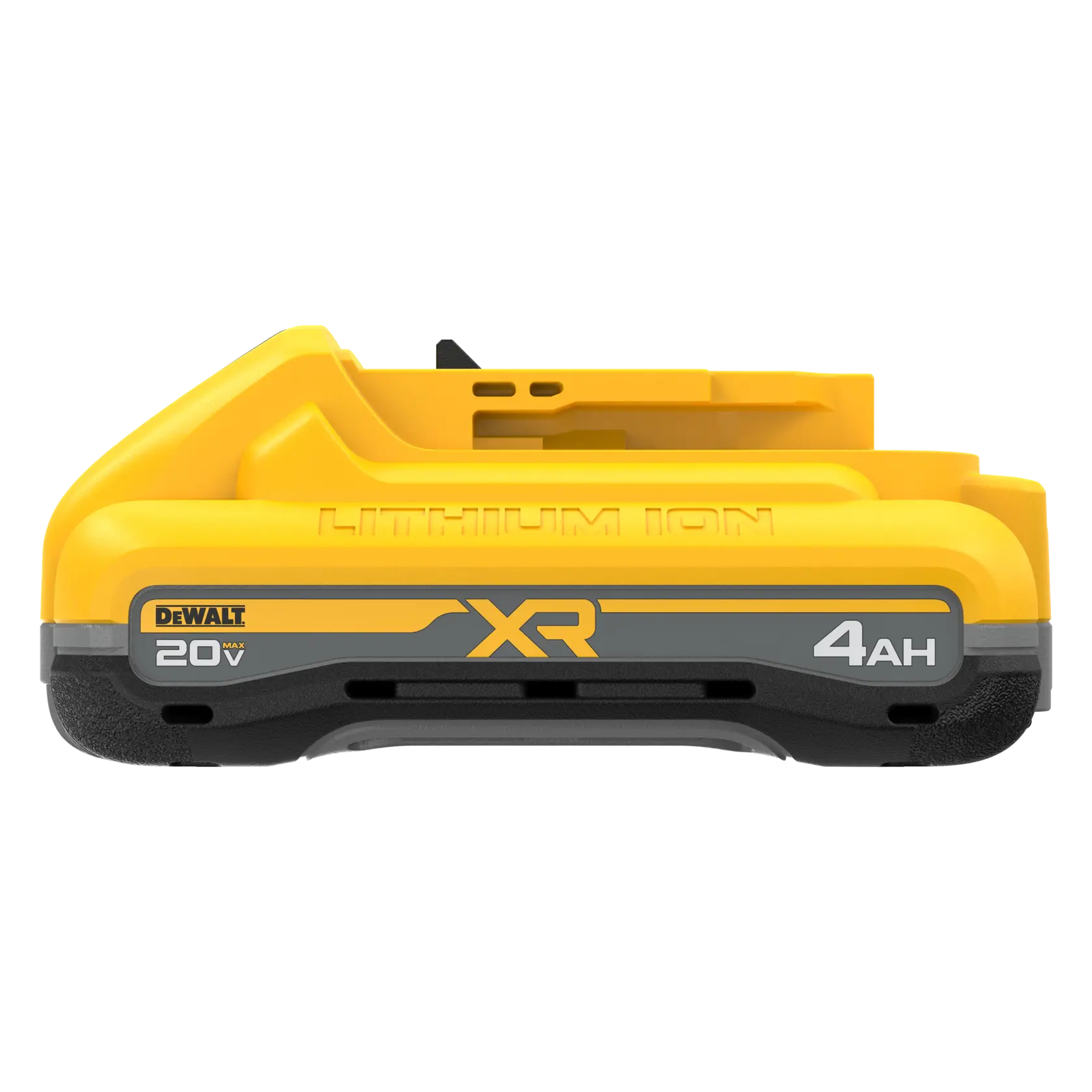 Vista frontal de uma bateria DEWALT 20V MAX XR de íon de lítio com capacidade de 4 ampere-hora, projetada para ferramentas elétricas. A bateria é amarela e preta com identificação da marca e modelo.