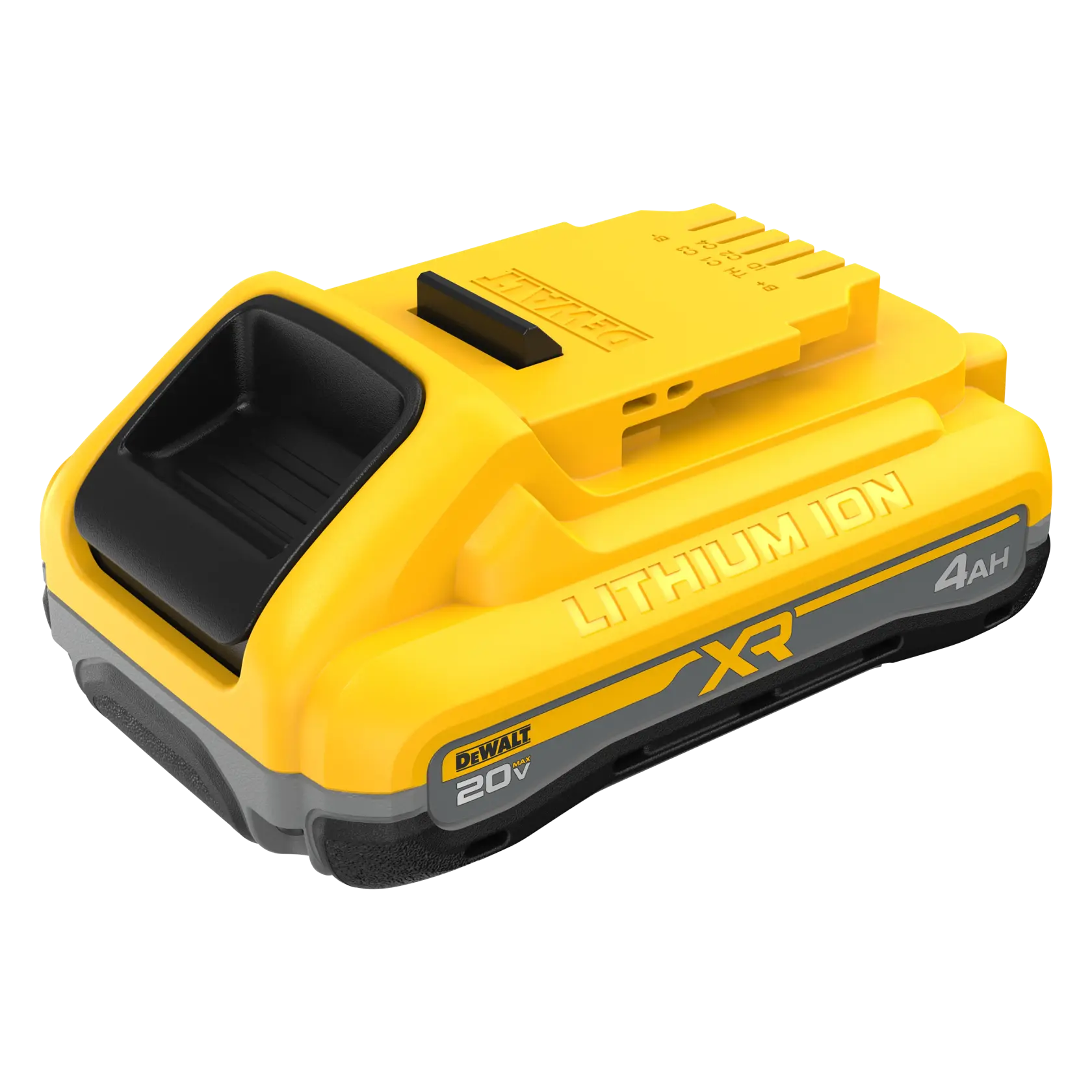 Uma bateria DEWALT XR de íon de lítio 20V 4Ah, apresentada em cores amarelo e preto com a marca e as especificações visíveis na lateral.