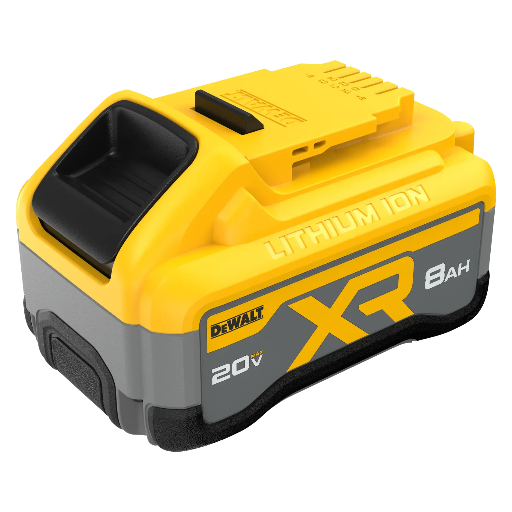 Bateria DEWALT XR 20V de lítio, 8Ah, com design amarelo e cinza e marca visível na lateral.
