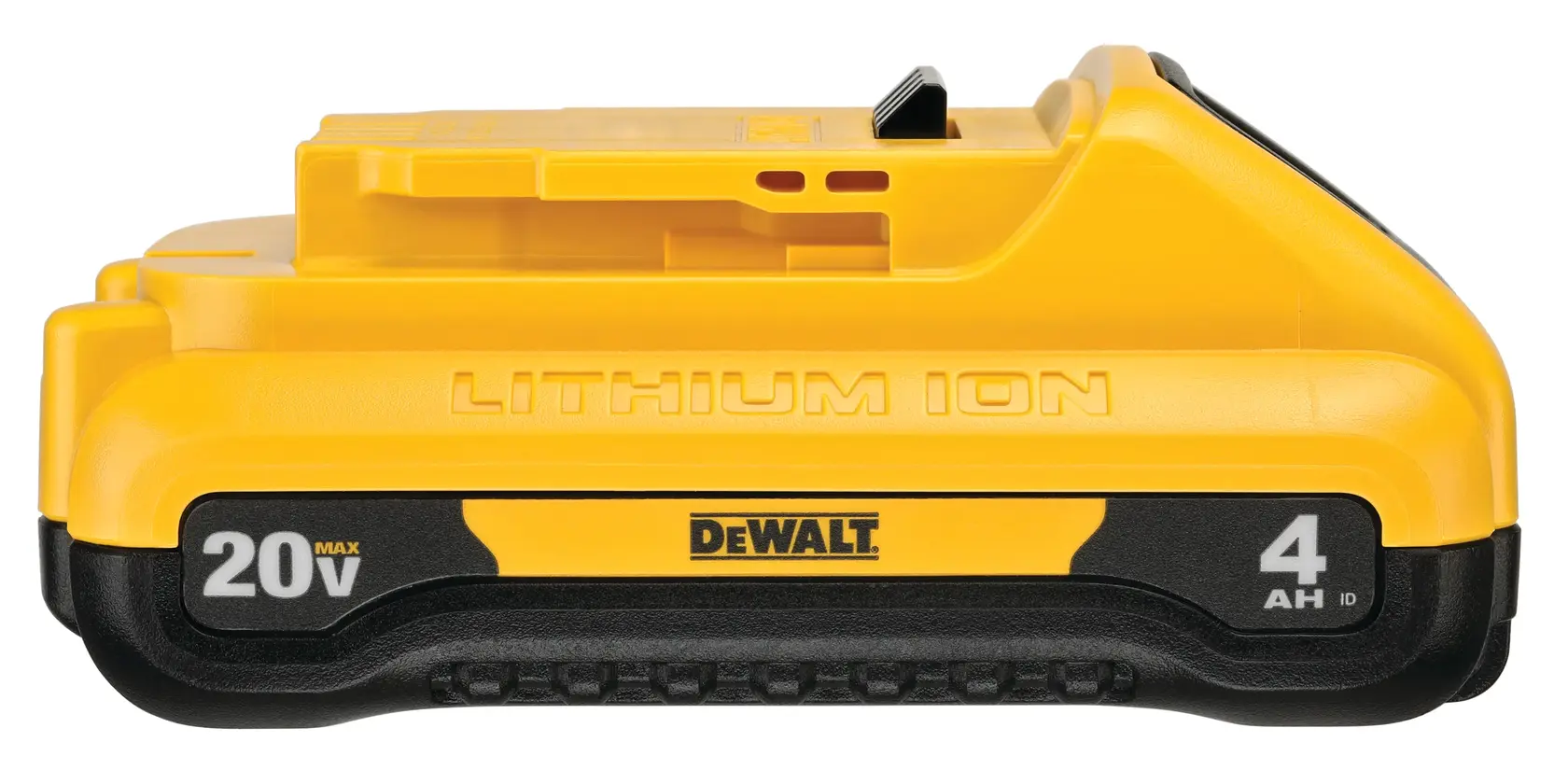 Foto da bateria DEWALT DCB240 20V MAX 4Ah íon-lítio, amarela e preta, vista frontal, fundo branco.