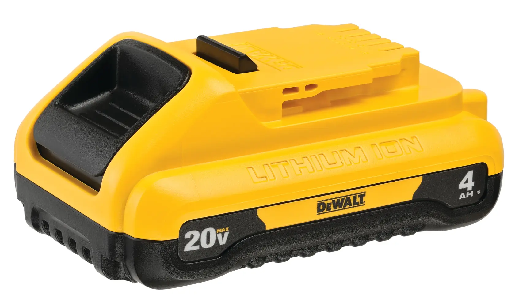 Foto da bateria DEWALT 20V lítio, 4Ah, amarela/preta. DCB240, DCB240-2, ângulo lateral.