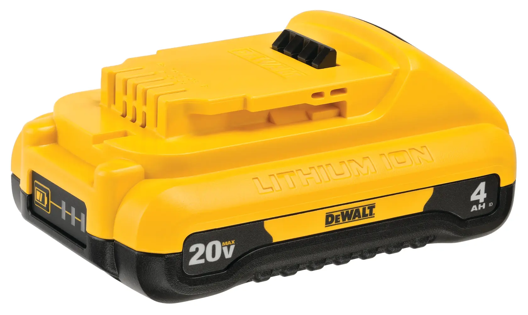 Foto da bateria DEWALT 20V lítio, SKUs DCB240, DCB240-2, preta e amarela, vista frontal.