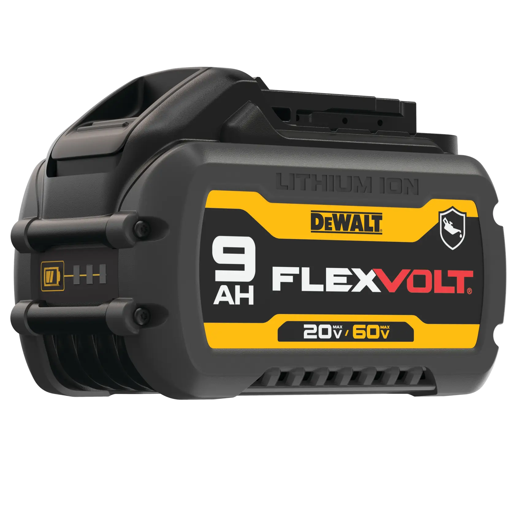 Uma bateria DEWALT FLEXVOLT de íons de lítio com capacidade de 9 ampère-horas, rotulada 20V/60V MAX, mostrada em vista de close.