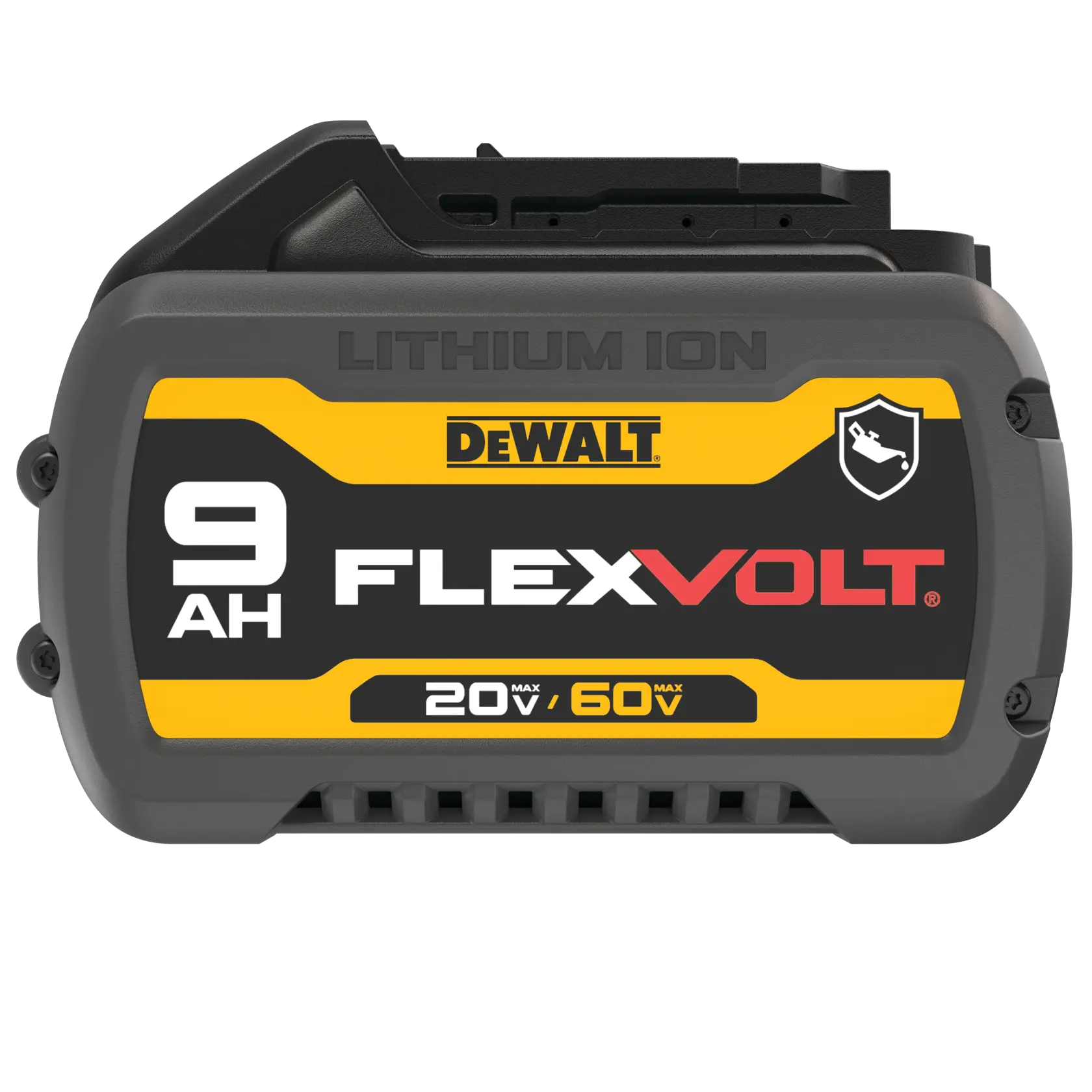 Bateria de íons de lítio DEWALT FLEXVOLT 9Ah com design preto e amarelo. O rótulo indica que fornece até 20V ou 60V dependendo da ferramenta. A bateria é destinada a ferramentas elétricas.